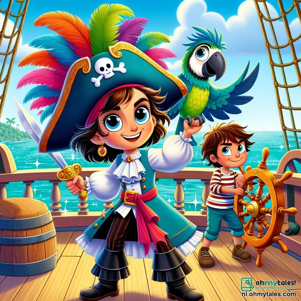 Op de voorgrond staat de dappere Kapitein Noortje, een vrouw van ongeveer 30 jaar, trots op het dek van haar grote schip, de Zeester. Ze draagt een piratenhoed met een kleurrijke veer, een witte blouse met pofmouwen en een zwarte broek. Haar gezicht straalt vastberadenheid en vreugde uit terwijl ze een houten zwaard naar de lucht heft, klaar om het avontuur aan te gaan. Naast haar zit Koko, een papegaai met schitterende groene en blauwe veren, op haar schouder. Hij lijkt speels en roept "Hopsa hee!" terwijl hij met zijn vleugels flappert. Iets verderop manoeuvreert Sam, een jonge matroos van 12 jaar, het roer van het schip. Hij heeft wild bruin haar en draagt een gestreepte blouse. Zijn uitdrukking is geconcentreerd, maar hij glimlacht naar Noortje, klaar om haar te helpen bij hun volgende avontuur. De achtergrond toont een glinsterende turquoise zee onder een zonnige lucht, met zachte golven die tegen de romp van het schip slaan. In de verte verschijnt een groen eiland, dat nieuwe schatten en mysteries belooft. De hoofdscène toont Kapitein Noortje en haar bemanning die hun overwinning vieren na een ontsnapping aan een ander piratenschip, dansend en zingend op het dek, vol vreugde en opwinding voor hun volgende ontdekking.