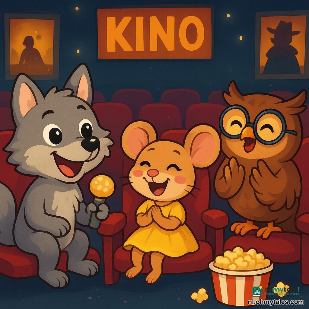 Een vrolijke kleine wolf met een zachte, donzige vacht, die breed glimlacht, houdt een micro-popcorn vast in de vorm van een microfoon. Hij zit op een bioscoopstoel met sprankelende ogen van opwinding. Naast hem lacht een klein muisje met grote oren, gekleed in een te grote glinsterende jurk, met roze wangen en stralende ogen van blijdschap. Een wijze uil met bruine veren en een paar scheve brillen op zijn snavel applaudisseert enthousiast met zijn uitgespreide vleugels, klaar om te zingen. De scène speelt zich af in een donkere bioscoopzaal, gevuld met rode stoelen en oude filmposters aan de muren. Fonkelende lichten verlichten het podium en creëren een feestelijke sfeer. De vrienden staan op het punt samen te zingen tijdens hun karaoke-avond, lachend en elkaar aanmoedigend, omringd door popcorn en gelach, klaar voor een onvergetelijk moment.