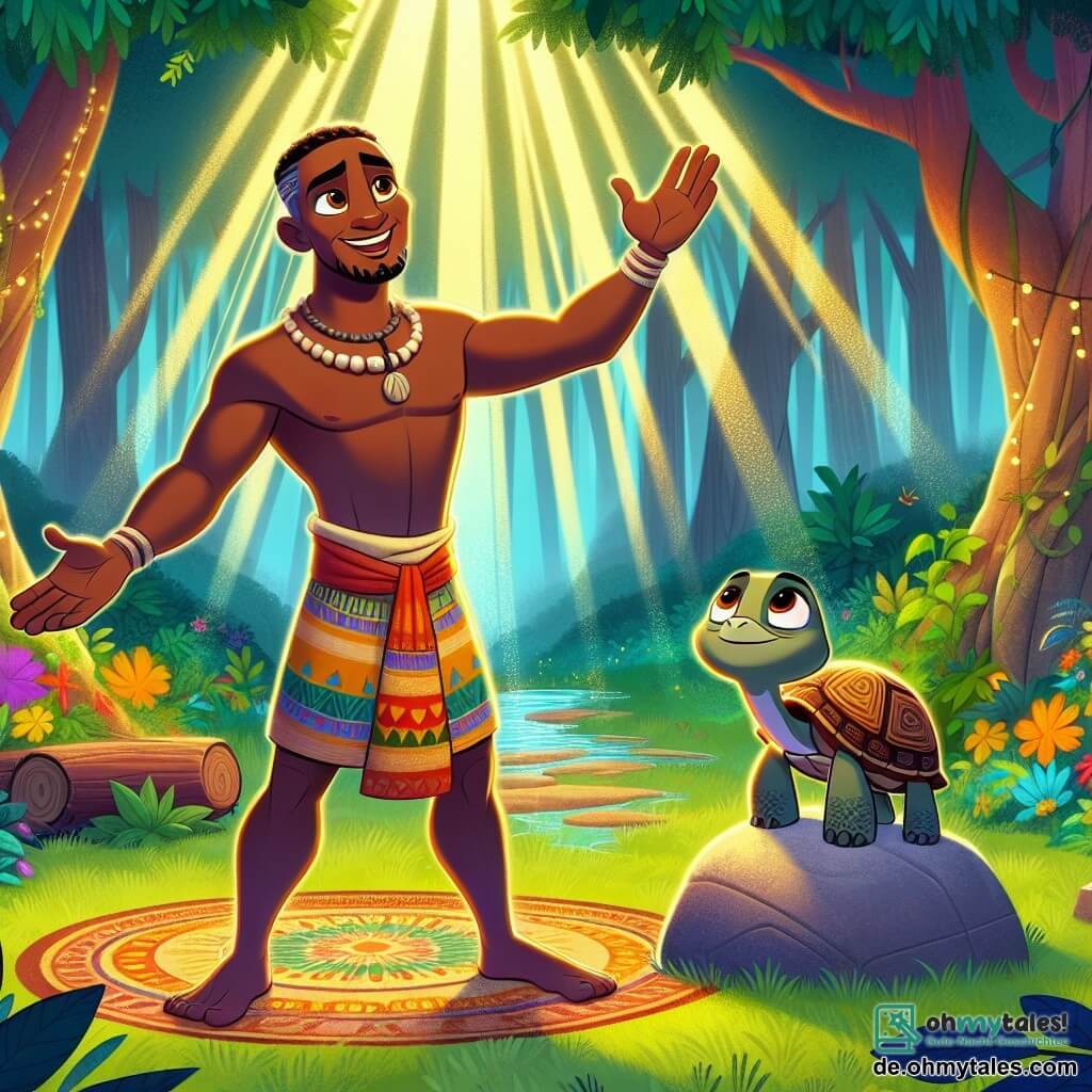 Kofi, ein großer und muskulöser Mann mit einem warmen Lächeln, trägt ein buntes Tuch und eine Perlenkette. Seine Augen strahlen Hoffnung aus, während er im Mittelpunkt der Szene steht und die Arme gen Himmel hebt, als rufe er das Licht herbei. Neben ihm steht Tiko, eine kleine weise Schildkröte mit einem bunten Panzer. Sie schaut Kofi bewundernd an, ihre Augen funkeln vor Weisheit, während sie auf einem Felsen in seiner Nähe steht, bereit, ihm bei seiner Suche zu helfen. Ihre Umgebung ist eine magische Lichtung im Herzen eines dichten Waldes, wo Sonnenstrahlen durch das Laub brechen und leuchtende Blumen und majestätische Bäume erhellen. Der Boden ist mit grünen und goldenen Blättern bedeckt, was eine warme und einladende Atmosphäre schafft. Die Hauptsituation zeigt Kofi und Tiko vereint in dieser Lichtung, während Kofi das magische Licht aufnimmt, das aus einer versteckten Quelle strömt, bereit, die Farben und die Freude in sein Dorf zurückzubringen.