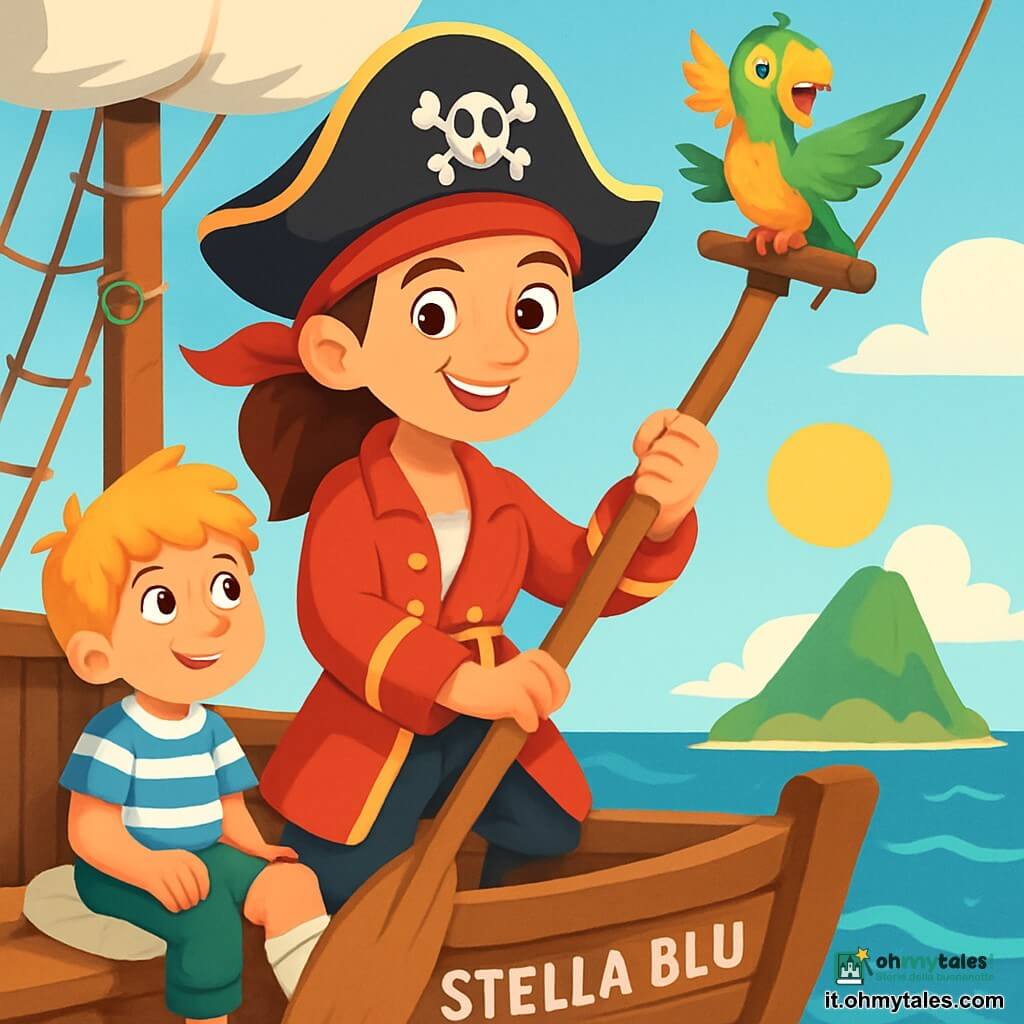 La capitana Sofia, una donna coraggiosa di circa 30 anni, si erge fiera sul ponte della sua nave pirata, la "Stella Blu". Ha i capelli castani legati con una sciarpa rossa, occhi scintillanti di determinazione e un sorriso caloroso. Tiene saldamente un remo di legno, pronta a navigare verso l'avventura. Accanto a lei, Tom, un ragazzo robusto di 10 anni con i capelli biondi in disordine, è seduto su una branda, con la gamba infortunata appoggiata su un cuscino. La guarda con ammirazione, i suoi occhi brillano di speranza. Pippa, un pappagallo colorato con piume verdi e gialle, è appollaiato sull'albero, che grida gioiosamente, aggiungendo un tocco di allegria alla scena. Il luogo è un vasto oceano blu, con onde scintillanti sotto il sole dorato. All'orizzonte, si profila un'isola misteriosa, circondata da nuvole bianche e soffici. Il ponte della nave è in legno consumato, con corde e vele che fluttuano al vento. La situazione principale mostra Sofia determinata a navigare verso l'isola, pronta ad affrontare le sfide che li attendono, mentre Tom, sebbene ferito, è pieno di speranza ed eccitazione per l'avventura imminente.