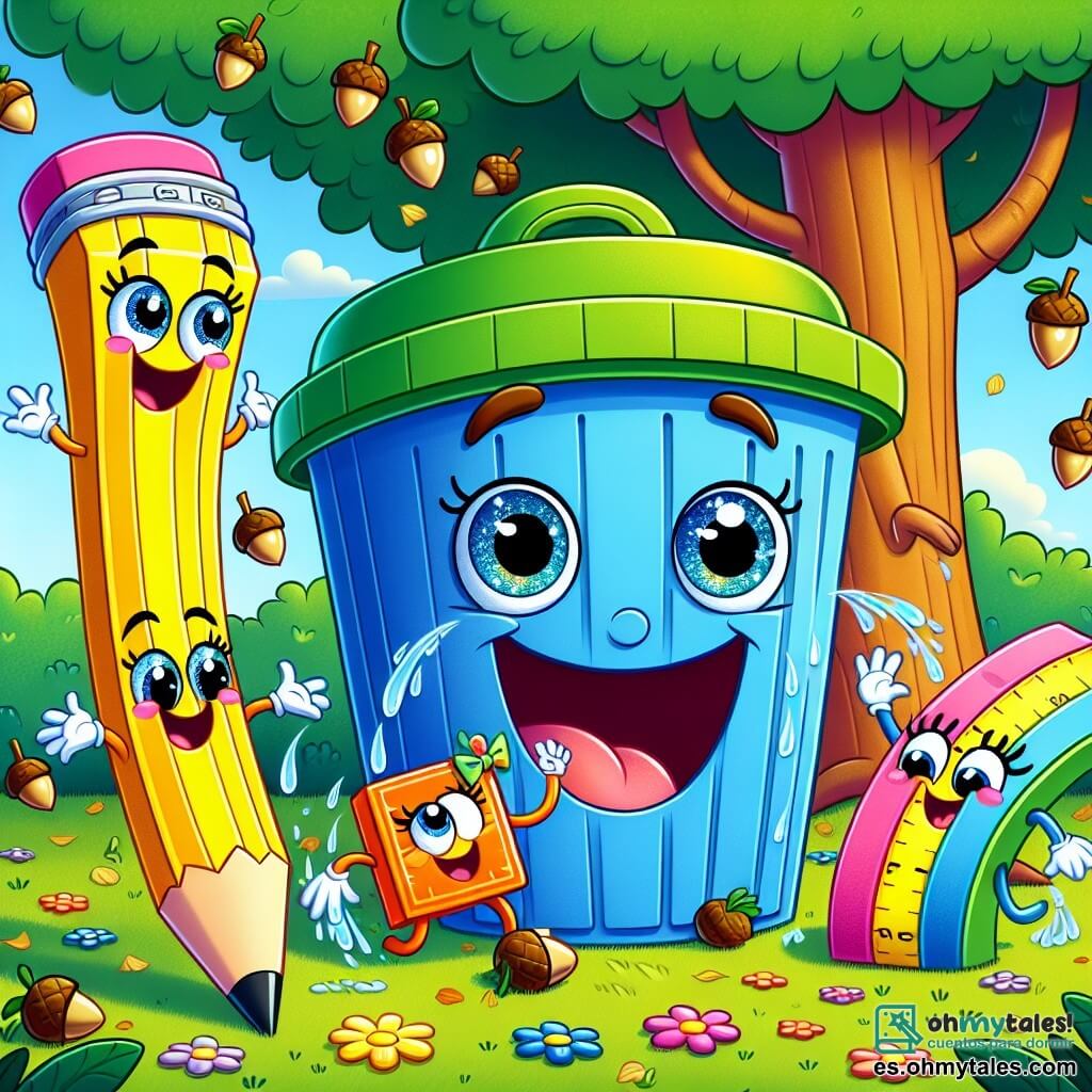 Don Pepe, el personaje principal, es un gran y alegre contenedor de basura azul con una tapa verde, mostrando una amplia sonrisa y ojos brillantes de emoción. Se encuentra en el centro de la imagen, riendo mientras protege a sus amigos de una lluvia de bellotas. Rosita, la regla flexible y sonriente, está a su derecha, inclinándose hacia adelante con una expresión divertida. A la izquierda, Lolo, el lápiz amarillo brillante, se frota la cabeza con una expresión perpleja. Tira, la goma rosa, salta alegremente, salpicada de agua y hojas, con una sonrisa traviesa. La escena tiene lugar en un claro soleado del bosque, rodeado de árboles majestuosos y un pequeño arroyo brillante al fondo. La banda de amigos está en medio de una aventura hilarante, riendo y protegiéndose de las bellotas lanzadas por ardillas traviesas, creando una atmósfera alegre y llena de vida.