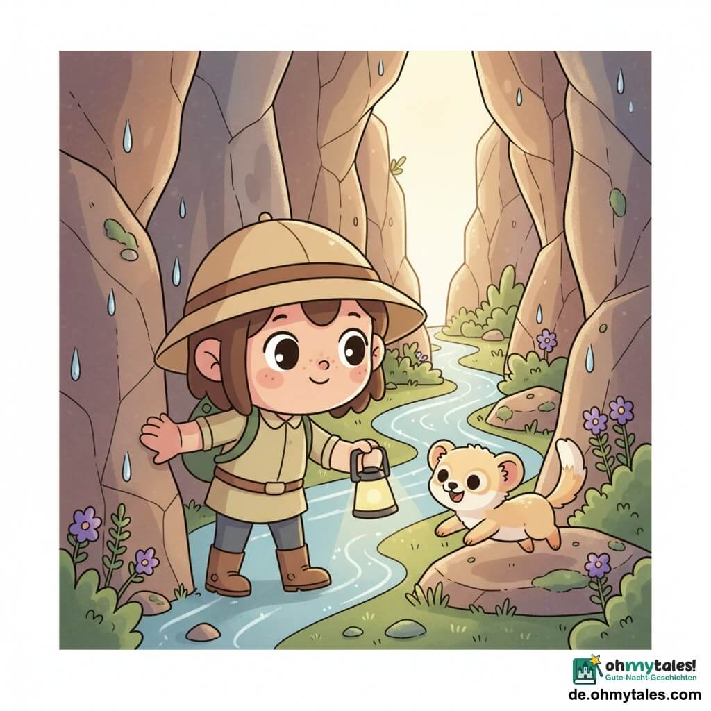 Ein junges Entdeckermädchen mit rundem Gesicht und Sommersprossen, die Augen voller Staunen, lächelt beim Herauskommen aus einem engen Felsdurchgang; sie trägt einen beigen Hut, einen olivgrünen Rucksack und staubige Stiefel, ist leicht nach vorn geneigt, hält mit einer Hand die Felsenwand und mit der anderen eine kleine gelbe Lampe, die ihr Gesicht beleuchtet. Neben ihr auf einem Felsen springt der Wüstenmarder Fips mit cremefarbenem Fell und großen Ohren fröhlich und blickt in das Tal. Der Durchgang hat hohe ocker- und graue Felswände mit Rissen und vereinzelten Wasserperlen. Draußen öffnet sich ein helles Tal mit funkelndem Bach, hellgrünen Grasbüscheln, violett blühenden Sträuchern und moosbedeckten flachen Steinen. Das Sonnenlicht erzeugt einen warm-kalten Kontrast: bläuliche Schatten im Durchgang und goldene Beleuchtung im Tal. Schlichte Komposition, weiche kontrastreiche Farben, runde klare Konturen und gut lesbare Gesichtsausdrücke für Kinder ab 6 Jahren.