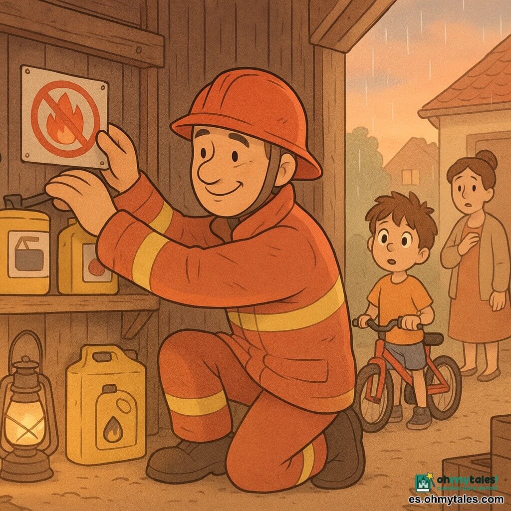 Hombre bombero de rostro tranquilo y sonriente, chaqueta roja algo gastada y casco, arrodillado asegurando bidones amarillos en una estantería de madera; niño de unos 6 años, pelo castaño alborotado y ojos maravillados, sostiene una pequeña bicicleta roja junto a la puerta del granero observando al bombero; mujer adulta (Ana), unos 40 años, pelo recogido en moño, aliviada pero algo preocupada, mano en el pecho en el dintel de la casa cercana; lugar: gran hangar de madera al aire libre, suelo de tierra con herramientas y cajas polvorientas, bidones amarillos etiquetados “pintura” y “gasolina”, pequeña linterna con luz cálida, llovizna empezando y cielo naranja del crepúsculo; situación: el bombero asegura los bidones y cuelga un cartel colorido “No fuego” con una llama tachada; ambiente suave de prevención y calma.