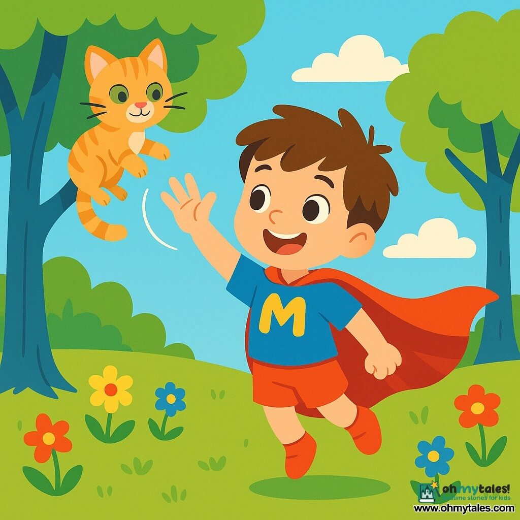 A young superhero boy named Max, with a big joyful smile, wears a shiny red cape that floats behind him. He has messy brown hair and sparkling eyes of excitement as he uses his power to levitate a small kitten. The kitten, a little male with soft striped fur and green eyes, looks at Max with admiration from a tree branch. The setting is a sunny park filled with blue-trunked trees and colorful flowers dancing in the wind. The sky is a bright blue, dotted with fluffy white clouds. Max, with a wave of his hand, safely floats the kitten to the ground, creating a scene full of magic and joy.
