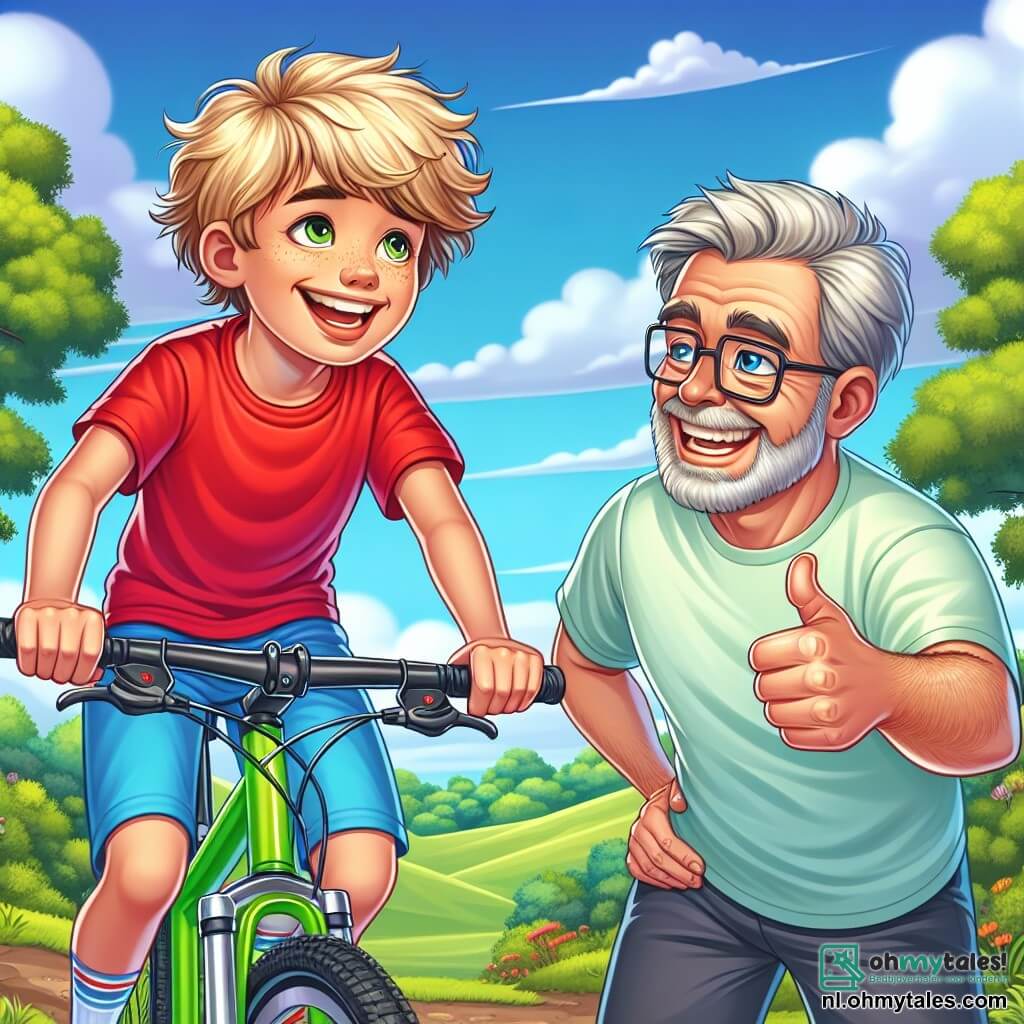Een 10-jarig jongetje, Max, staat op de top van een heuvel met een grote glimlach op zijn gezicht, zijn blonde haar door de wind door elkaar gehaald. Hij draagt een felrode t-shirt en een blauwe short, terwijl hij stevig het stuur van zijn felgroene fiets vasthoudt. Naast hem moedigt zijn coach, een man van in de veertig met een bril en een grijze baard, hem aan met een brede glimlach en een duim omhoog als teken van felicitatie. Op de achtergrond strekt zich een groen park uit met majestueuze bomen en een blauwe lucht vol donzige witte wolken. De scène toont Max triomfantelijk na het beklimmen van de heuvel, met een vrolijke en dynamische sfeer die de overwinning op zijn twijfels en de teamgeest illustreert.