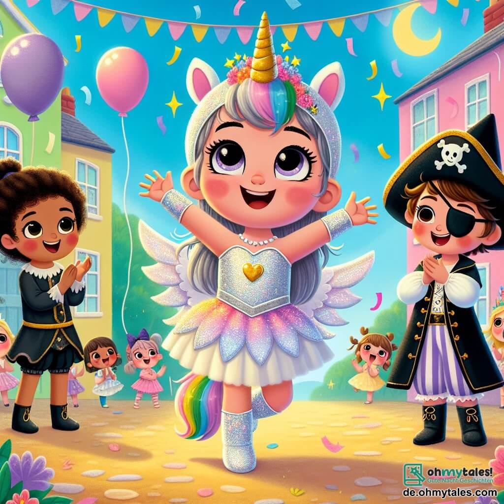 Ein 3-jähriges Mädchen, Mia, steht im Mittelpunkt des Bildes. Sie trägt ein glitzerndes Einhornkostüm mit einer Regenbogenmähne und einer kleinen goldenen Krone. Ihr Gesicht strahlt Freude und Staunen aus, während sie mit ausgebreiteten Armen in die Luft schwebt, ein großes Lächeln auf ihrem Gesicht. Neben ihr steht ein 4-jähriger Junge, Luca, verkleidet als Pirat mit einem schwarzen Hut und einem Augenband, der bewundernd die Arme in die Luft hebt. Er steht auf dem Boden, umgeben von anderen Kindern, die applaudieren. Ein weiteres Mädchen, die 3-jährige Anna, ist als Hexe mit einem schwarzen Kleid und einem spitzen Hut verkleidet und tanzt fröhlich neben Luca. Die Szene spielt in einem bunten Dorf mit lebhaften Häusern und überall hängenden Blumenketten. Luftballons schweben am blauen Himmel, und Konfetti fällt um sie herum, was eine festliche und magische Atmosphäre schafft. Die Hauptsituation zeigt Mia, das Einhorn, das über den Karnevalszug fliegt, umgeben von ihren Freunden, die sie anfeuern und von ihrem unglaublichen Abenteuer staunen.