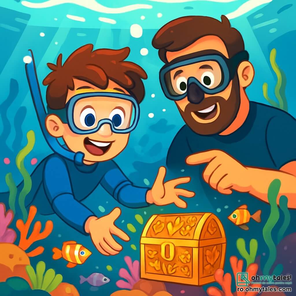 Un băiat de 12 ani, cu părul castaniu și ochii plini de curiozitate, flotă în apele cristaline ale oceanului. Poartă un costum de scufundare albastru, o mască de scufundare transparentă și un tub, iar fața îi radiază de excitație. Lângă el, tatăl său, un bărbat în jur de patruzeci de ani cu barbă brună și ochelari de scufundare, zâmbește mândru în timp ce îi arată un recif de corali colorat. Fundalul este o lume subacvatică vibrantă, plină de corali multicolori, pești strălucitori și raze de lumină care trec prin suprafața apei. Băiatul descoperă un vechi tezaur ascuns printre corali, ochii îi strălucesc de surpriză și bucurie în timp ce întinde mâna spre o cutie misterioasă aurie decorată cu motive marine.
