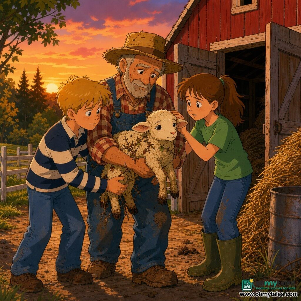 A farmer with a warm, wrinkled face, light stubble, a worn straw hat, plaid shirt and denim overalls, calm and kind, gently holding a small lamb near the entrance of a red barn; a girl, Ella, about 12, brown hair in a ponytail, green T‑shirt and rubber boots, worried but relieved, petting the lamb to the farmer’s right; a boy, Sam, about 12, short blond hair, striped sweater and jeans, focused and proud, supporting the lamb on the other side, standing on a dirt path in front of the barn; a farmyard at dusk with open wooden barn doors, golden hay, a metal barrel, white plank fence, clumps of dirt and green grass, trees and undergrowth in the background; main scene: the rescue of a lamb caught in brambles, a gentle reassuring moment lit by warm sunset light on faces and the lamb’s fleece; visual style: clean lines, saturated soft colors, slightly exaggerated tender expressions and visible textures of wood, straw and wool.