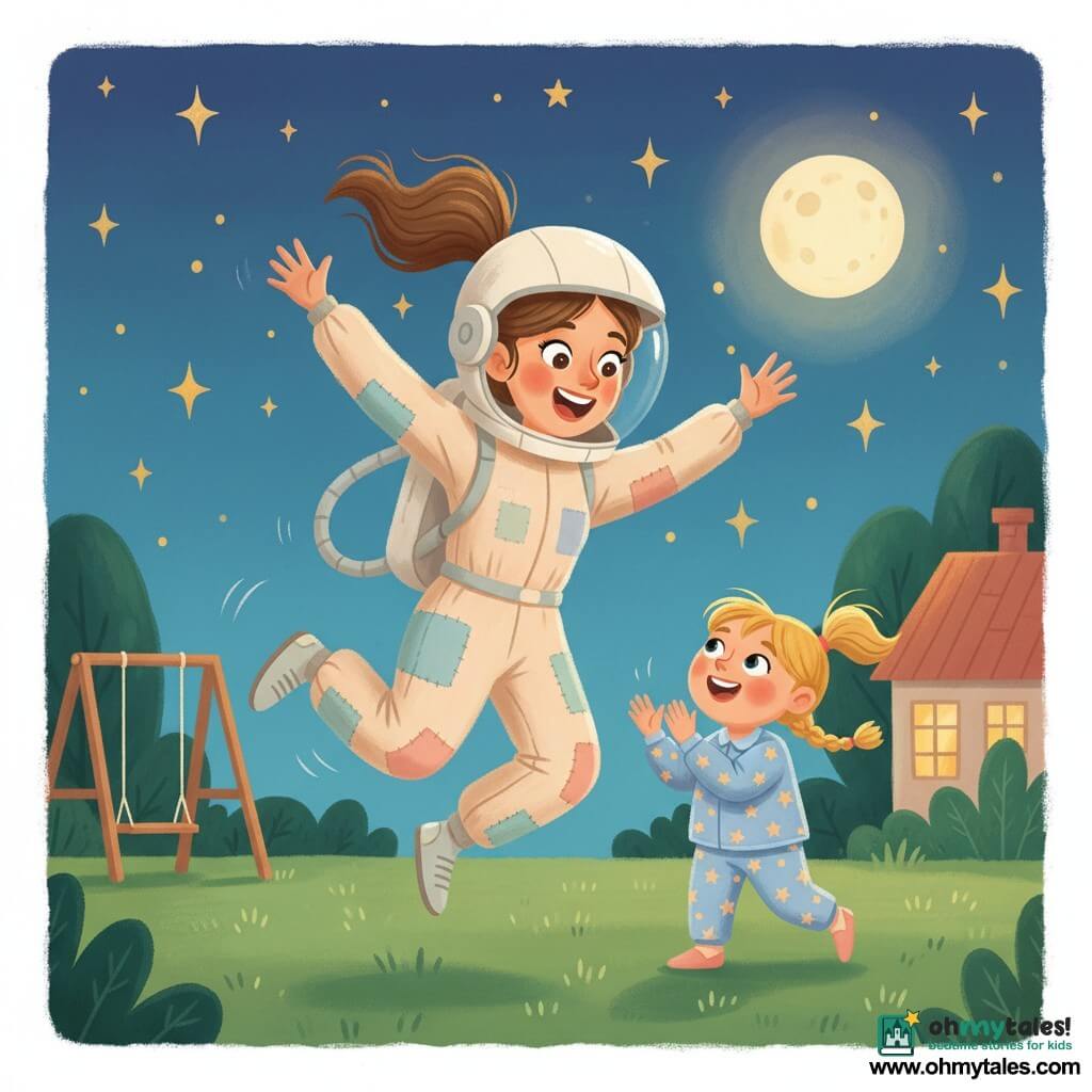 Lily, a smiling, wide-eyed woman with brown hair in a ponytail wearing a white cardboard space helmet and a pastel makeshift suit, jumps pretending to be an astronaut while Mia, about 5, round-faced with blonde braids in star pajamas, claps beside her on the grass; a soft night garden with green lawn, a small swing and house in the background, deep blue starry sky and a pale yellow moon; the scene centers on the two friends pretending to take off in dynamic poses with visible laughter, movement rendered in thick gouache strokes, warm colors, soft outlines and a joyful, dreamy mood, moonlight gently lighting their faces.