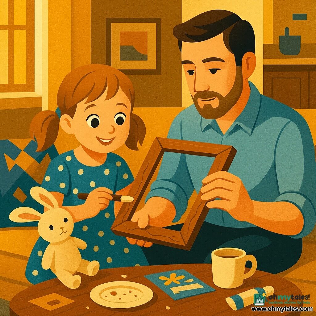 A 6-year-old girl, happy and proud, with light brown pigtails and round eyes, wearing a small blue polka-dot dress, delicately holds a cracked wooden photo frame and applies white glue with a brush. A father (about 35–40), tender and focused, with stubble and rolled-up sleeves, supports the frame with one hand and holds an elastic band with the other, seated on the sofa beside her. A plush rabbit named Button rests on the girl's lap with a small paint mark on its paw. Warm living room-kitchen interior with golden sunlight through a window, a striped rug, a wooden table with breakfast remnants (plate, cup, crumbs), a sheet of stickers and a glue tube visible. Main moment: an intimate, joyful Father’s Day frame repair — precise gestures, soft expressions, comforting light, crisp textures (wood grain, light glints, small paint spots). Art Deco visual style with simple geometric shapes, a warm palette of yellows, blues and browns, flat contrasts and decorative patterns on the rug and cushions.