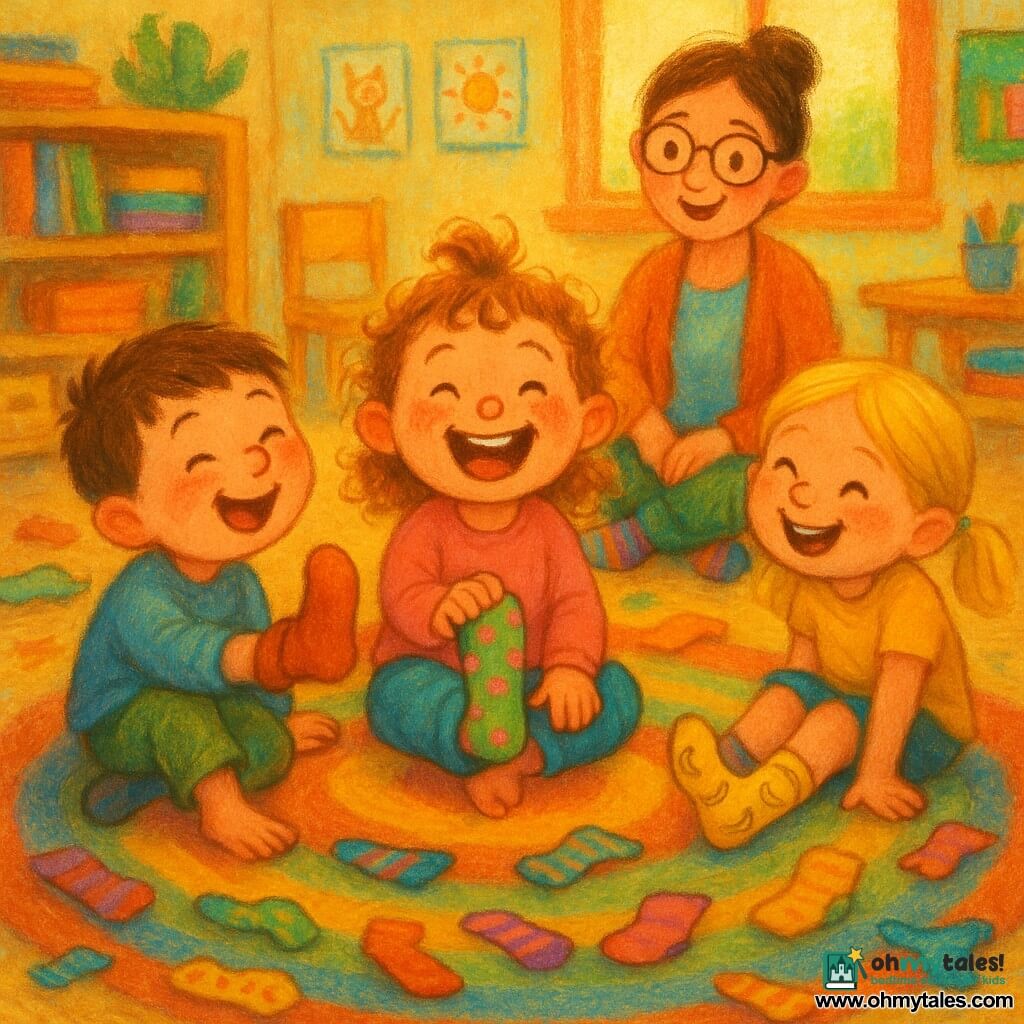 A 4-year-old girl with light brown curly hair in a small ponytail and laughing eyes sits on a round striped rug showing a green sock with pink dots; a boy of about 4 (Max) with short brown hair and rosy cheeks sits to her left wearing an oversized red sock and lifting his foot; another 4-year-old girl (Lila) with straight blonde hair in pigtails stands to the right, leaning in and laughing while wearing a yellow banana-patterned sock; the teacher, an adult woman with her hair in a bun and round glasses, kneels behind them smiling, two mismatched socks visible as she crosses her legs; the scene is on a colorful classroom rug with stars and animals, stacked books, small wooden benches and a window with soft light, multicolored socks scattered like confetti; the main action is a joyful mismatched-sock parade of three laughing children with raised feet, bright colors, rendered in thick pastels with soft strokes.