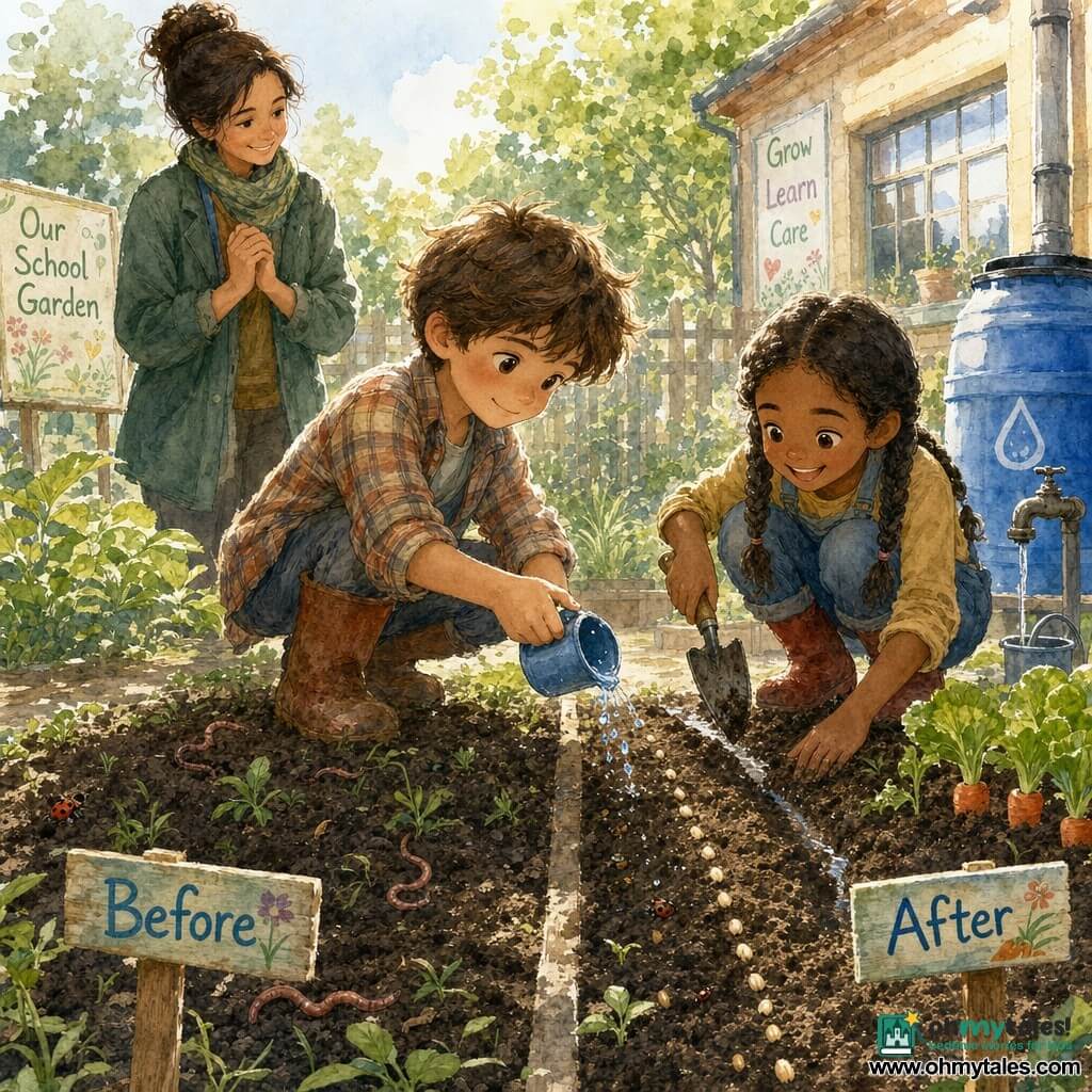 An 8-year-old boy with brown eyes and tousled brown hair smiles gently as he pours water from a small blue cup onto a row of seeds, wearing a worn plaid shirt and rusty garden boots; nearby Aisha, an 8-year-old girl with brown skin and braided hair, crouches to his right laughing and holding a small trowel by the "After" bed, while Ms. Rivera, a 30–40-year-old woman with her hair in a bun and a green jacket, stands behind them with hands clasped, watching proudly; the daytime scene is a small school garden with two beds labeled "Before" and "After," a blue rain barrel with a spigot, bright lettuce and carrot tips, and soft morning light with sparkling droplets as the girl digs a channel to guide the water and the boy waters the "After" bed.