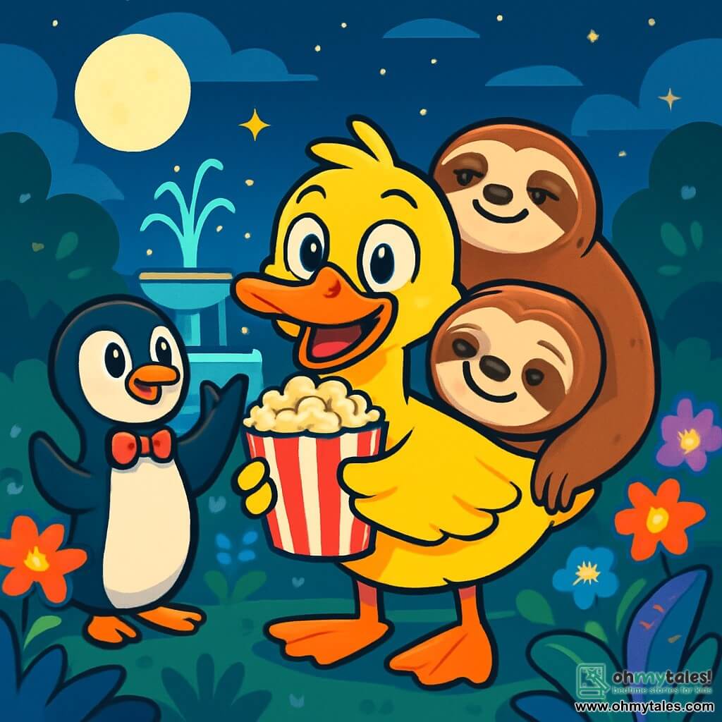 A cheerful duck named Quincy, with bright yellow feathers and a mischievous smile, stands at the center of the scene holding a bag of popcorn in his beak, his eyes sparkling with excitement. To his left, an elegant penguin named Percy, wearing a small red bow tie, watches him admiringly with his flippers raised in encouragement. On the right, a sloth named Sally, with gentle eyes and brown fur, is comfortably resting on Quincy's back, a satisfied smile on her face. The scene takes place in a magical garden, illuminated by moonlight, with colorful flowers softly glowing and a sparkling fountain at the center, its waters dancing under the stars. Quincy and his friends are on an adventure, ready to explore this enchanting world, surrounded by strange plants and joyful creatures, as an atmosphere of mystery and magic fills the air.