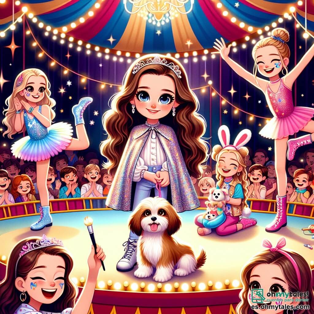 Clara, una niña de 11 años con largos cabellos castaños y ojos brillantes, está en el centro de la escena, vestida con una capa brillante, sosteniendo a su perro Bruno, un pequeño perro marrón claro que da vueltas. A su derecha está Sofía, una niña de 10 años con trenzas rubias y una tiara de plumas coloridas, que realiza una acrobacia con gracia. A la izquierda, Valentina, una niña de 11 años con una tiara con orejas de conejo, pinta caras de niños alegres, mientras que Ana, una niña de 12 años en silla de ruedas, sonríe y sostiene globos en forma de animales. La escena se desarrolla bajo la gran carpa colorida del circo, llena de luces brillantes y decoraciones llamativas, con un público entusiasta que aplaude y ríe. La situación principal muestra a Clara y sus amigas en pleno espectáculo, donde combinan magia, acrobacias y arte, creando una atmósfera alegre y dinámica, llena de risas y colores, cautivando la atención de todos los espectadores.