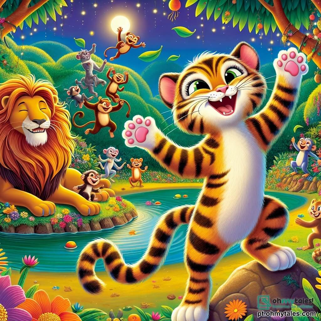 Um gato chamado Miau, com pelagem listrada de cores vivas e olhos brilhantes de curiosidade, está no centro da cena, pulando de alegria com um grande sorriso no rosto. Ao seu lado, Leo, o leão preguiçoso, está sentado em uma pedra, com uma juba dourada e um ar divertido, tocando música com folhas. Tigrinha, a tigresa ágil, dança graciosamente, suas listras laranja e preto contrastando com sua energia vibrante. A cena acontece perto de uma linda lagoa cercada por flores coloridas e árvores verdes, onde os animais se reúnem para celebrar uma grande festa. Ao fundo, macacos se divertem subindo nas árvores, enquanto frutas caem ao redor, criando uma atmosfera alegre e festiva. Miau, cercado por seus amigos animais, está organizando uma festa cheia de risos, danças e jogos, onde todos se divertem sob o céu estrelado.