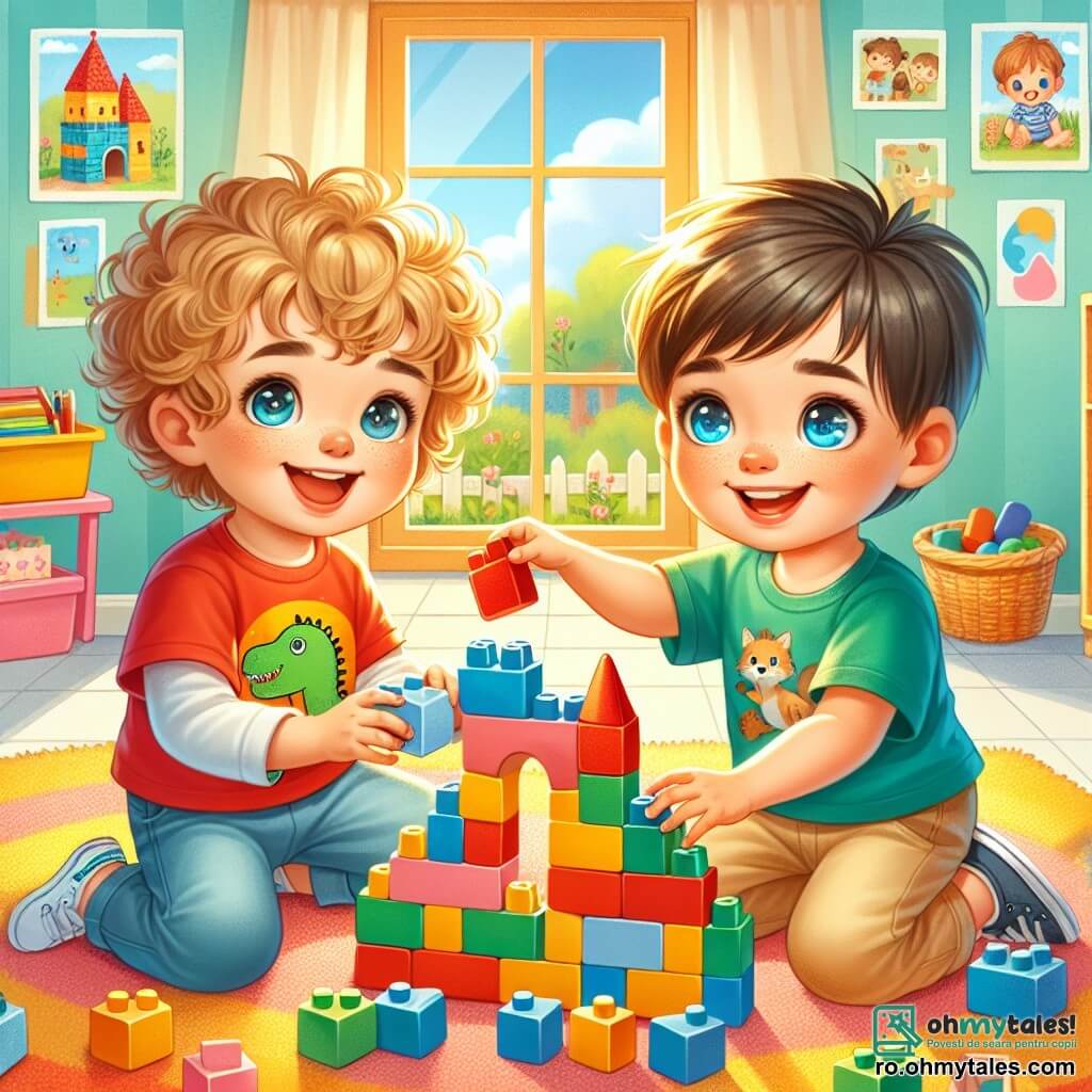 Un băiat de 4 ani pe nume Andrei, cu părul brun și creț, cu un zâmbet mare pe față, stă pe jos, înconjurat de blocuri de construcție colorate. Poartă un tricou roșu cu un dinozaur și o pereche de pantaloni scurți albaștri, și pare foarte fericit și entuziast în timp ce construiește un castel cu cuburi. Lângă el, Alex, un alt băiat de 4 ani, are părul blond și ochii albaștri strălucitori. Este îmbrăcat cu un tricou verde și o pereche de pantaloni bej, și zâmbește ținând un bloc de construcție în aer, pregătit să-l adauge la structură. Amândoi stau pe un covor moale și colorat, înconjurați de jucării împrăștiate. Scena are loc într-o sală de clasă luminoasă și primitoare, cu pereți vopsiți în galben pastel, desene de copii agățate și feronerie care lasă să pătrundă lumina soarelui. În fundal se văd rafturi pline de cărți și jucării. Situația principală arată cum Andrei și Alex colaborează cu bucurie pentru a construi castelul lor, schimbând râsete și idei, ilustrând astfel începutul unei frumoase prietenii.
