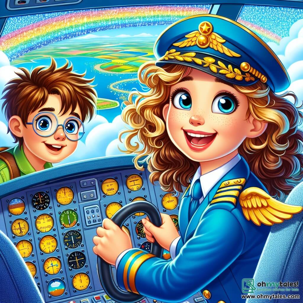 In the foreground, a smiling female pilot, Captain Lucy, with curly brown hair, wears a bright blue uniform adorned with beautiful golden wings. Her eyes sparkle with excitement and determination as she stands in the cockpit of an airplane, hands on the wheel, ready for takeoff. Beside her, a boy named Ben, about 10 years old, with messy blonde hair and round glasses, looks in admiration at the plane's instrumentation. He smiles, clearly impressed by the bright dashboard. In the background, through the cockpit, a bright blue sky dotted with fluffy white clouds is visible, while the land below transforms into a patchwork of green fields and sparkling rivers. The main scene shows Captain Lucy and Ben preparing for the flight to Rainbow Island, with excited children waiting in the cabin, all eager to experience a magical adventure in the air.