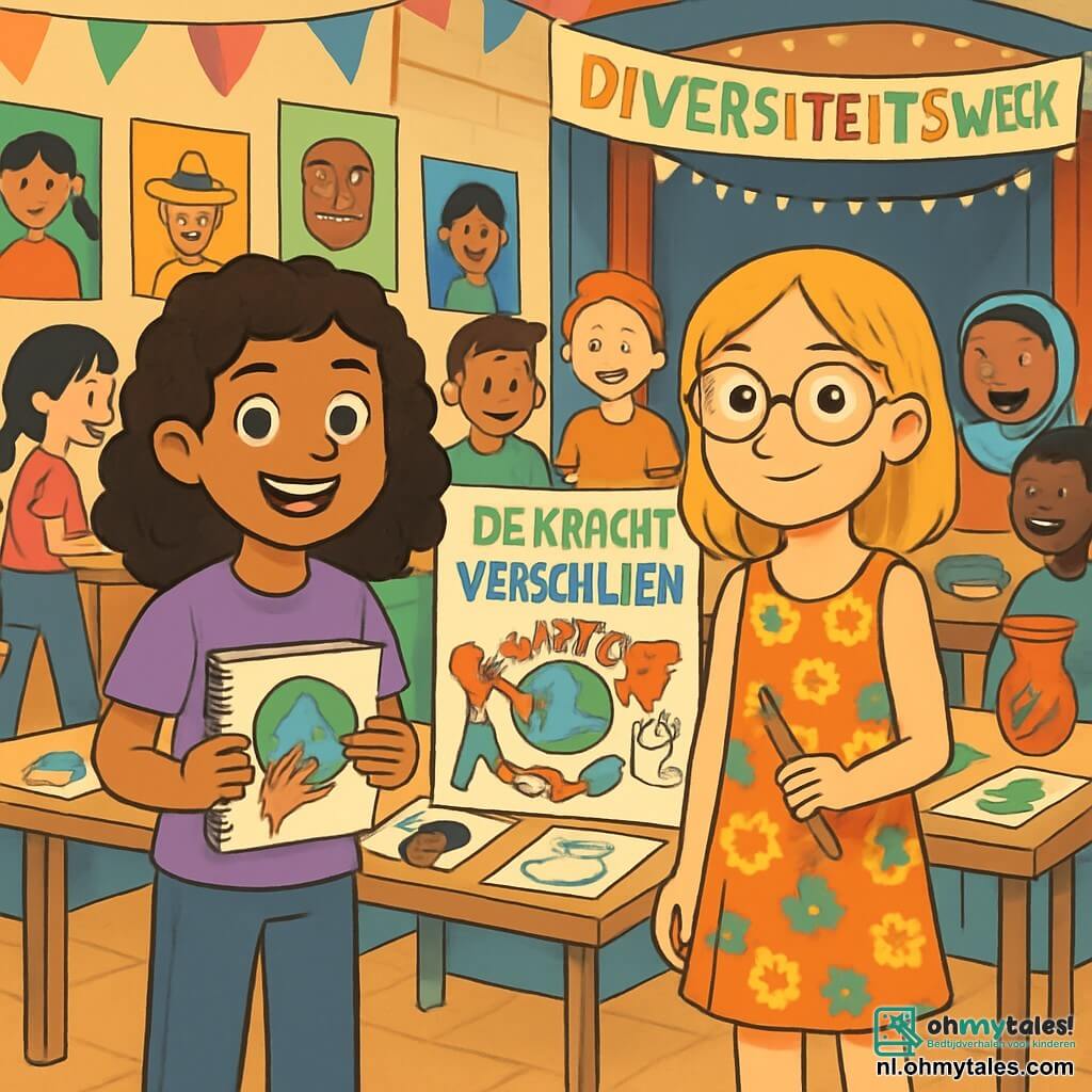 Er zijn 2 hoofdpersonages: - Noor: een 10-jarig meisje met krullend bruin haar en sprankelende ogen. Ze draagt een paarse t-shirt en een spijkerbroek, en houdt een schetsboek in haar handen. Noor staat links, glimlachend en vol energie. - Sarah: een 11-jarig meisje met steil blond haar en een paar ronde brillen. Ze draagt een kleurrijke bloemenjurk en sandalen. Sarah staat rechts, met een potlood in de hand, klaar om te tekenen. De situatie speelt zich af in een grote schoolzaal, versierd voor de Diversiteitsweek. De muren zijn versierd met kleurrijke posters die verschillende culturen vertegenwoordigen, en de tafels zijn bedekt met tekeningen en symbolische objecten. Achterin staat een podium, klaar voor artistieke optredens, met fonkelende lichtslingers. De hoofdactie toont Noor en Sarah die voor hun project "De Kracht van Verschillen" staan, omringd door klasgenoten die hun werk bewonderen. De sfeer is vrolijk en feestelijk, vol gelach en levendige gesprekken, terwijl kinderen van verschillende achtergronden samenkomen om de diversiteit te vieren.