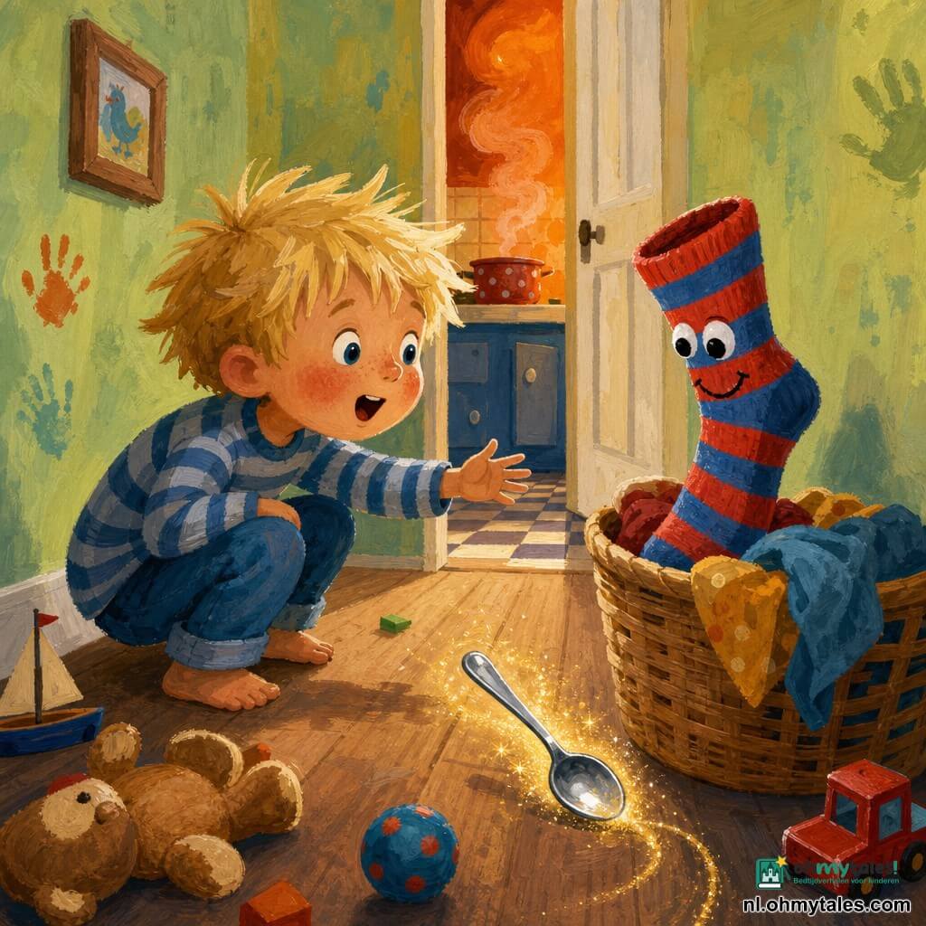 Een vierjarige jongen met blond warrig haar en ronde wangen hurkt en reikt verrast en blij naar een sprekende sok, Sir Sok, rood-blauw gestreept met een geborduurde glimlach, die als een vlag in een wasmand staat; een kleine zilveren lepel rolt over de lichte houten vloer en laat een spoor van gouden stof achter richting een open keukendeur waar oranje soepstoom uit kringelt, de smalle gang heeft speelgoed en bleekgroene muren met kleine voetafdrukken; de sfeer is grappig en licht magisch met felle kleuren en zichtbare gouachetextuur, het moment is bevroren net voordat het avontuur begint.