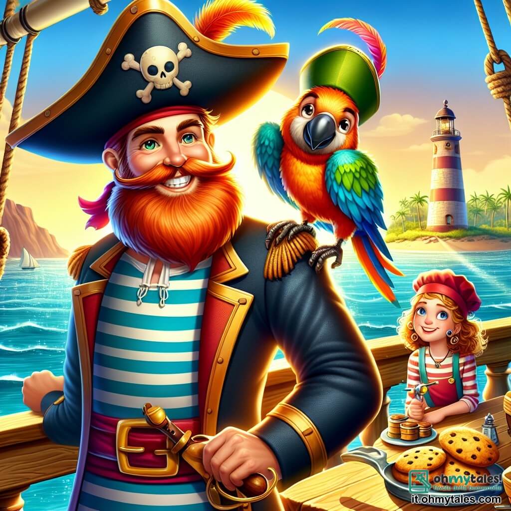 Capitan Tobia, un uomo dal volto sorridente e dalla barba rossa, si trova sul ponte della sua nave pirata, con gli occhi scintillanti di eccitazione. Indossa un grande cappello nero decorato con una piuma colorata e una camicia a righe che fluttua nel vento. Accanto a lui, Gino, un pappagallo dalle piume verdi e blu, si aggrappa alla sua spalla, gridando gioiosamente. Rita, una ragazza di circa 10 anni con capelli ricci e un grembiule da cuoca, prepara biscotti su un tavolo di legno, sorridendo agli altri. Lo scenario è un mare calmo con onde scintillanti sotto il sole dorato, e all'orizzonte si intravede un'isola misteriosa con un vecchio faro e palme danzanti. Tobia tiene in mano una mappa del tesoro, con uno sguardo determinato, mentre l'equipaggio si attiva intorno a lui, pronto a partire per l'avventura verso l'isola dei sorrisi e dei misteri.