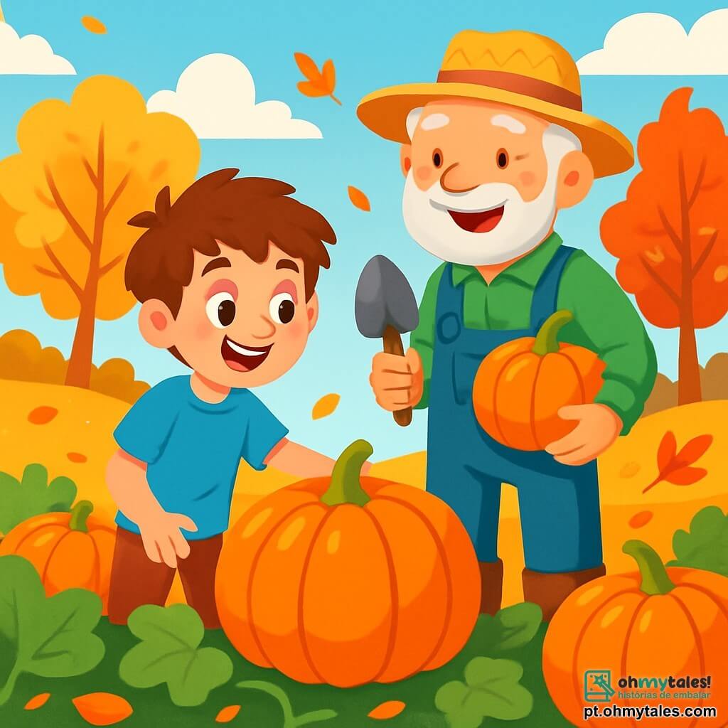 Um garoto de 8 anos, com cabelos castanhos bagunçados e olhos brilhantes de curiosidade, está no meio de um campo de abóboras. Ele sorri com maravilha, suas bochechas levemente rosadas pela excitação, enquanto toca em uma grande abóbora laranja brilhante, pronta para ser colhida. Ao seu lado, seu avô, um homem idoso com um chapéu de palha e uma barba grisalha, sorri orgulhosamente, segurando uma pequena pá em uma mão e uma abóbora na outra. Eles estão no coração de uma paisagem outonal, cercados por árvores com folhas douradas e vermelhas, sob um céu azul claro salpicado de nuvens brancas e fofas. A cena transmite uma atmosfera calorosa e alegre, ilustrando o momento da colheita das abóboras, com folhas caindo suavemente ao redor deles, criando um tapete colorido no chão.
