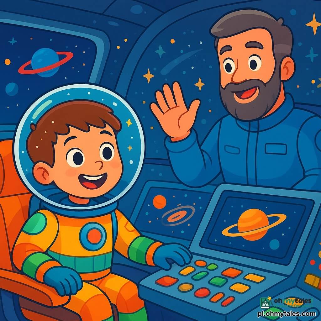 Młody chłopiec o imieniu Szymek, w wieku około 8 lat, ma na sobie błyszczący i kolorowy kostium astronauty z przezroczystym hełmem, który odbija gwiazdy. Jego twarz rozjaśnia szeroki uśmiech ekscytacji, a oczy błyszczą ciekawością. Obok niego stoi starszy mężczyzna, kapitan misji, mający około 40 lat, z siwiejącą brodą i niebieskim mundurem astronauty. Machając przyjaźnie, stoi blisko panelu kontrolnego rakiety. Scena rozgrywa się wewnątrz futurystycznej rakiety kosmicznej, z podświetlanymi panelami, kolorowymi przyciskami i ekranami wyświetlającymi obrazy odległych planet. Ściany zdobią rysunki gwiazd i galaktyk, tworząc magiczną atmosferę. Szymek siedzi na swoim miejscu, gotowy do startu, podczas gdy odliczanie się zaczyna. Powietrze wypełnia ekscytacja i oczekiwanie, gdy rakieta lekko wibruje, gotowa do lotu w nieskończoność.