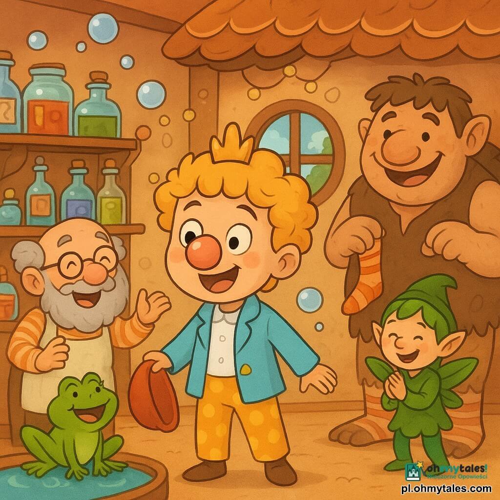 Młody książę chłopiec, uśmiechnięty i zdziwiony, w żółtych spodniach w kropki i jasnobłękitnym płaszczyku, z kręconymi blond włosami trzyma kapelusz jedną ręką, a zabawny balon przykleił mu się do nosa; wesoły stary alchemik z brodą i okrągłymi okularami w pasiastym kitlu stoi przy drewnianej półce z kolorowymi fiolkami; zielona, pulchna i kokieteryjna żabka podskakuje na brzegu miniaturowego stawu obok księcia; nieśmiały elf z zielonymi włosami i liściastymi skrzydłami klaska stoi za księciem; pulchny troll chłopiec w tle, pokryty zagubionymi skarpetkami, trzyma pasiastą skarpetę i się uśmiecha; pracownia z jasnym dachem „piernikowym”, zastawionymi półkami i śpiewającymi girlandami baniek oraz okrągłym oknem na bajkowy ogród; scena skupiona na księciu z balonem przyklejonym do nosa, otoczonym śmiejącymi się przyjaciółmi pomagającymi mu, radosna atmosfera, jaskrawe kolory, miękkie faktury i wyraźne kontury.