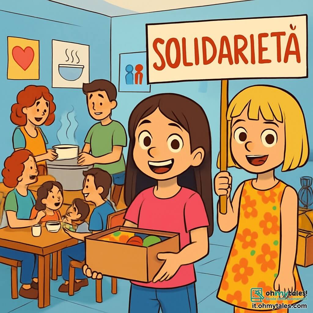 Ci sono 2 personaggi principali: Sofia, una ragazza di 11 anni con lunghi capelli castani e occhi brillanti, che indossa una maglietta rosa e jeans, sorridente mentre tiene una scatola di cibo; e Marta, una ragazza di 11 anni con capelli corti e biondi, che indossa un vestito a fiori colorati, con uno sguardo determinato e una cartellina con la parola "Solidarietà" scritta in grandi lettere. La scena si svolge in un centro comunitario accogliente, con pareti blu chiaro e tavoli in legno, decorato con manifesti colorati e volontari intenti a preparare zuppe. Famiglie sorridenti si riuniscono attorno ai tavoli, mentre sacchi di vestiti e scatole di cibo sono impilati in un angolo. Sofia e Marta servono pasti caldi alle famiglie bisognose, trasmettendo calore umano e solidarietà, sottolineando l'importanza dell'aiuto reciproco e della compassione.