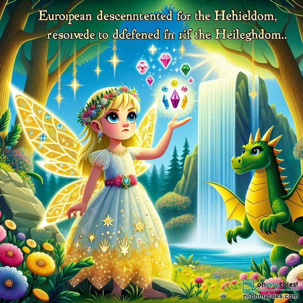 In het midden van de afbeelding staat een kleine fee genaamd Lila, met glinsterende vleugels als diamanten en een vastberaden uitdrukking op haar gezicht. Haar gouden haren zweven om haar heen en ze draagt een jurk van kleurrijke bloemblaadjes. In haar handen houdt ze drie schitterende juwelen die een magisch licht uitstralen. Rechts van haar staat een grote vriendelijke draak met groene schubben en zachte ogen op een rots. Hij glimlacht en kijkt Lila welwillend aan, klaar om haar te helpen in haar queeste. Op de achtergrond schittert een majestueuze waterval, omringd door stralende bloemen en grote bomen met gouden bladeren, wat een betoverende sfeer creëert. Het zonlicht filtert door de takken en verlicht de scène met een zachte gloed. Lila, vastbesloten om het Heiligdom te beschermen, heft de juwelen naar de lucht om krachtige magie op te roepen, terwijl een dreigende schaduw aan de horizon opdoemt, klaar om het magische heiligdom aan te vallen.