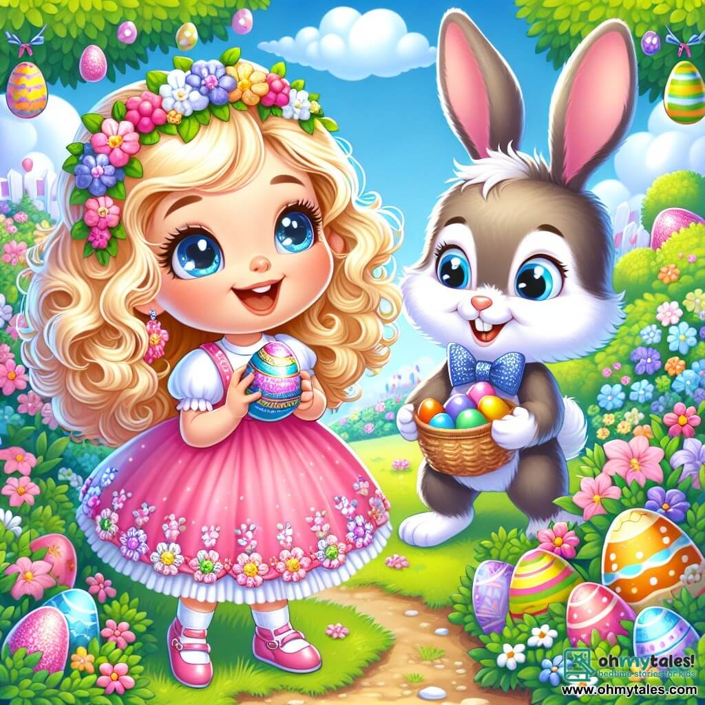A 5-year-old girl named Lily, with curly blonde hair and sparkling eyes, wears a pink dress adorned with flowers. She smiles in wonder as she discovers a colorful egg hidden under a bush in the garden. Next to her is a friendly rabbit named Mr. Whiskers, who wears a stylish bow tie and has a mischievous look. He stands on his hind legs, holding a small basket filled with candies, and looks at Lily with a warm smile. The garden is filled with vibrant flowers of all colors, lush green trees, and a blue sky dotted with fluffy white clouds. Multicolored Easter eggs are hidden everywhere, adding to the magic of the scene. Excited, Lily is about to pick up the shiny egg she just found, while Mr. Whiskers shows her other hidden eggs, creating a joyful and festive atmosphere.