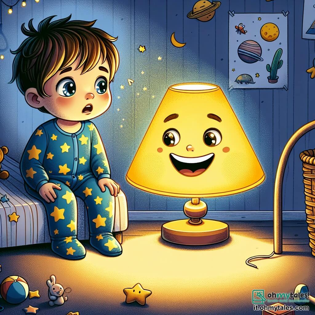 Un ragazzino dai capelli castani e dagli occhi scintillanti, vestito con un pigiama blu a stelle, è seduto sul suo letto, con un'espressione preoccupata ma curiosa, mentre guarda una lampada sorridente che brilla dolcemente accanto a lui. La lampada, con un paralume giallo vivace e un grande sorriso, emette una luce calda e rassicurante, illuminando la stanza con un bagliore soffuso. La camera è decorata con poster di pianeti e animali, con giocattoli sparsi sul pavimento, e le ombre danzano sulle pareti, creando un'atmosfera magica e leggermente spaventosa. Il ragazzino, un po' nervoso, inizia a contare le stelle immaginarie cantando una dolce melodia, mentre la lampada, piena di vita, lo incoraggia con la sua luce brillante, dissipando gradualmente le sue paure del buio.