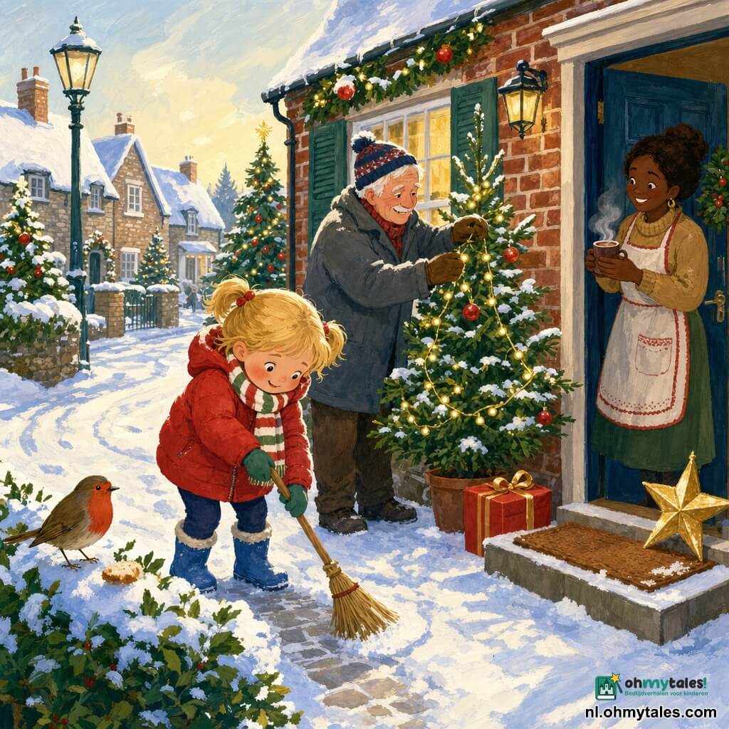Een vierjarig meisje, vrolijk en geconcentreerd, met blonde staartjes, roze wangen, een rode donsjas, blauwe laarsjes en een gestreepte sjaal veegt met een klein houten bezempje een smal pad in de sneeuw; een vriendelijke buurman van circa 65 met pomponmuts en grijze jas hangt achter haar lichtjes in een klein dennetje voor het huis; een warme moeder van ongeveer 30 met bruin haar in een knot en een schort staat in de open deur met een dampende mok chocolade; een roodborstje op de heg kijkt toe met een stukje brood voor zich; dorpsstraat met besneeuwde baksteenhuizen, gouden slingers en rode kerstballen in de bomen en zacht ochtendlicht; bij de deur ligt een klein rood cadeau op de deurmat en een glanzende papieren ster wacht om opgehangen te worden, rustige warme kerstsfeer.