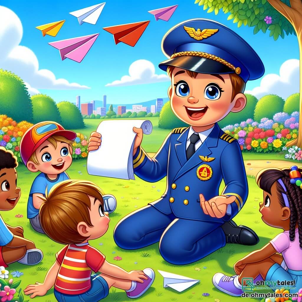 Der Hauptcharakter ist ein Mann, der Pilot Max, der ein großes Lächeln und strahlende Augen hat. Er trägt einen blauen Pilotenanzug mit einer Kappe, die mit einem goldenen Abzeichen verziert ist. Max erzählt den Kindern Geschichten, während er auf dem grünen Gras eines Parks sitzt, umgeben von bunten Papierflugzeugen. Unter den Nebencharakteren hört ein 7-jähriger Junge mit rotem Hut aufmerksam zu, während ein 6-jähriges Mädchen mit Zöpfen neben ihm sitzt, lächelt und ein frisch dekoriertes Papierflugzeug hält. Der Ort ist ein sonniger Park, voller bunter Blumen und majestätischer Bäume. Der Himmel ist blau mit einigen weißen Wolken, und ein großer grüner Bereich erstreckt sich um sie herum, wo andere Kinder fröhlich spielen. Die Hauptsituation zeigt Max, der seine Abenteuer als Pilot mit den Kindern teilt, die von seinen Erzählungen gefesselt sind. Papierflugzeuge fliegen in der Luft und symbolisieren die Flug- und Abenteuertäume der Kinder.