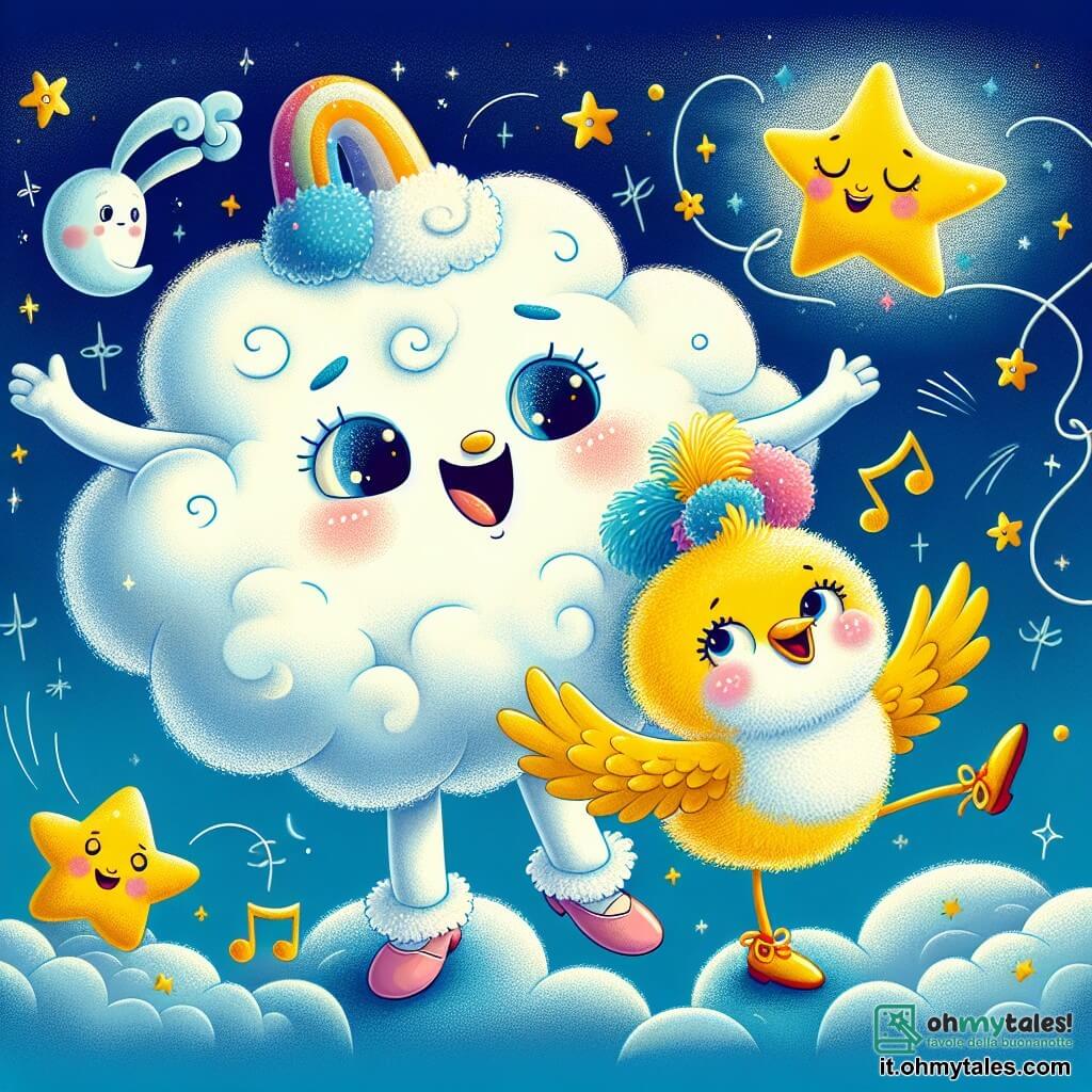Nino, una nuvola sorridente e morbida, fluttua in un cielo blu splendente, i suoi occhi brillanti di gioia mentre danza con il suo amico Pippo, un piccolo uccello dal piumaggio giallo vivo e dal becco allegro. Pippo, pieno di entusiasmo, svolazza attorno a Nino, le ali spiegate, cantando felicemente. Sullo sfondo, una stella ballerina scintillante, con un vestito di paillettes dorate, ruota graziosamente, mentre una luna divertente, con un grande cappello colorato, li osserva sorridendo. Il cielo è costellato di stelle brillanti e di una dolce luce argentata, creando un'atmosfera magica e sognante. La scena rappresenta Nino e Pippo che danzano e cantano insieme, circondati dai loro amici celesti, in una notte stellata piena di risate e gioia.