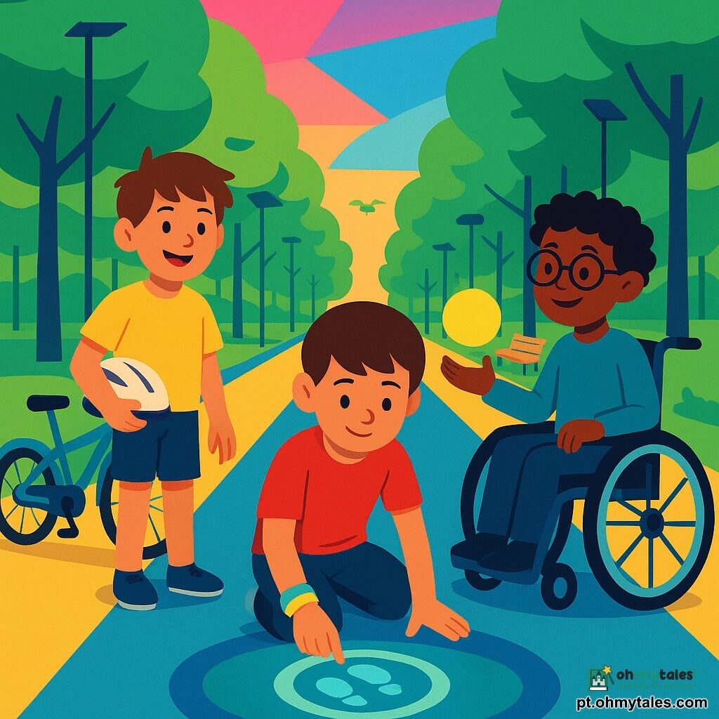 Há três meninos de 8 anos — Tomás (cabelos castanhos curtos, joelho no chão tocando um pequeno projetor circular), Miguel (cabelos castanho-claros desgrenhados, em pé junto a uma pequena bicicleta solar) e Rui (cabelos pretos cacheados, óculos redondos, em cadeira de rodas moderna segurando uma bolha de luz amarela) — numa avenida em túnel de plátanos com faixas coloridas no chão (azul bicicletas, verde trotinetes, amarelo pedestres), postes solares finos e drones-jardineiros; eles montam um "jogo efémero": um grande círculo de fita inteligente colado ao solo, projeções de passos azuis e três bolhas de luz flutuantes (verde, amarela, violeta) que reagem ao movimento, em ambiente crepuscular, cores saturadas e composição clara como cartaz.