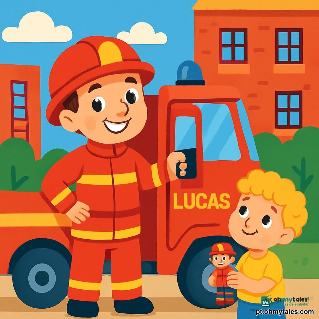 Um jovem bombeiro chamado Lucas, com um sorriso radiante e olhos brilhantes, veste um uniforme vermelho vivo e um capacete brilhante. Ele está orgulhoso e determinado ao lado de seu caminhão de bombeiros, pronto para a aventura. Ao seu lado, um garotinho de cerca de 6 anos, com cabelo loiro e cacheado, olha para Lucas com admiração, segurando um pequeno brinquedo de bombeiro nas mãos. Eles estão diante de um grande prédio de tijolos vermelhos, com uma escada de bombeiro e árvores verdes ao fundo. A cena mostra Lucas subindo em seu caminhão, pronto para atender a uma emergência, com nuvens brancas flutuando em um céu azul radiante.