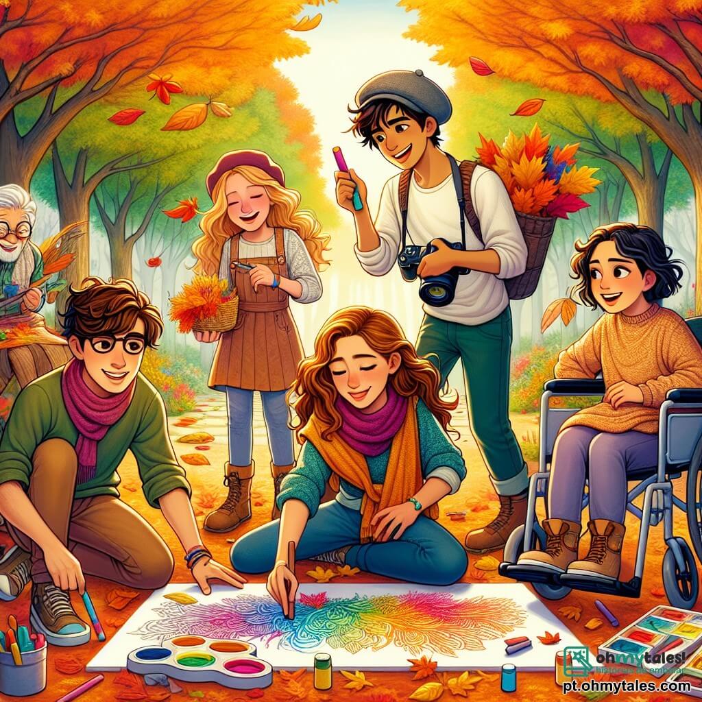 Em um vibrante jardim comunitário de outono, cinco amigos se reúnem para criar uma obra de arte. Pedro (menino, 11 anos) está no centro, com cabelos castanhos bagunçados e um sorriso radiante, segurando um pedaço de giz colorido. Laura (menina, 11 anos) está à sua direita, com cabelos longos e loiros, usando um avental de pintura e aplicando cores vivas em uma tela. Tiago (menino, 11 anos) está um pouco atrás, com óculos e cabelos cacheados, tirando fotos com sua câmera. Sofia (menina, 11 anos) está à esquerda de Pedro, com cabelos castanhos e um boné, colando folhas coloridas em uma grande tela. Isabela (menina, 11 anos) está em sua cadeira de rodas, ao lado de Sofia, com cabelos curtos e um sorriso radiante, desenhando em um caderno. O jardim é repleto de grandes árvores com folhas vibrantes, criando um tapete colorido no chão. Lanternas de papel flutuam no ar, adicionando um toque mágico à atmosfera. Os amigos estão criando juntos, transformando o jardim em uma galeria de arte outonal, celebrando a beleza da estação e sua amizade.
