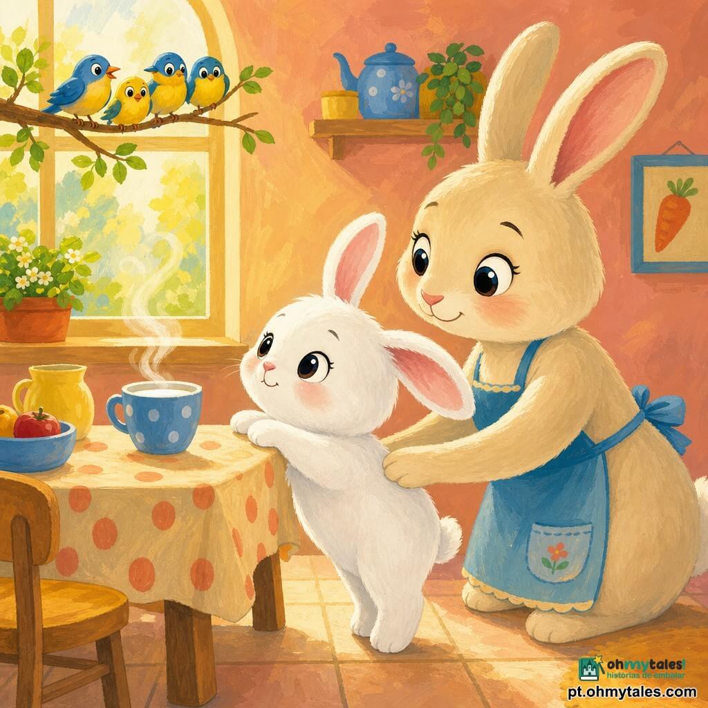 Uma pequena coelhinha branca de olhos redondos e brilhantes, pelo fofo, orelhas rosadas longas e sorriso tímido mas determinado, apoiada nas patas dianteiras enquanto inspira profundamente; sua mãe maior, pelo creme e olhar doce, com as patas no dorso de Lila e um olhar encorajador à direita; alguns passarinhos azuis e amarelos empoleirados numa rama ao fundo observando curiosos; cozinha matinal com paredes salmão pastel, mesa de madeira clara com uma caneca de leite fumegante e toalha de bolinhas, luz dourada entrando pela janela e chão de azulejos suaves; Lila ensaiando seu primeiro passo rumo a uma nova atividade, postura hesitante porém corajosa, atmosfera acolhedora e tranquilizadora em cores suaves e texturas de guache.