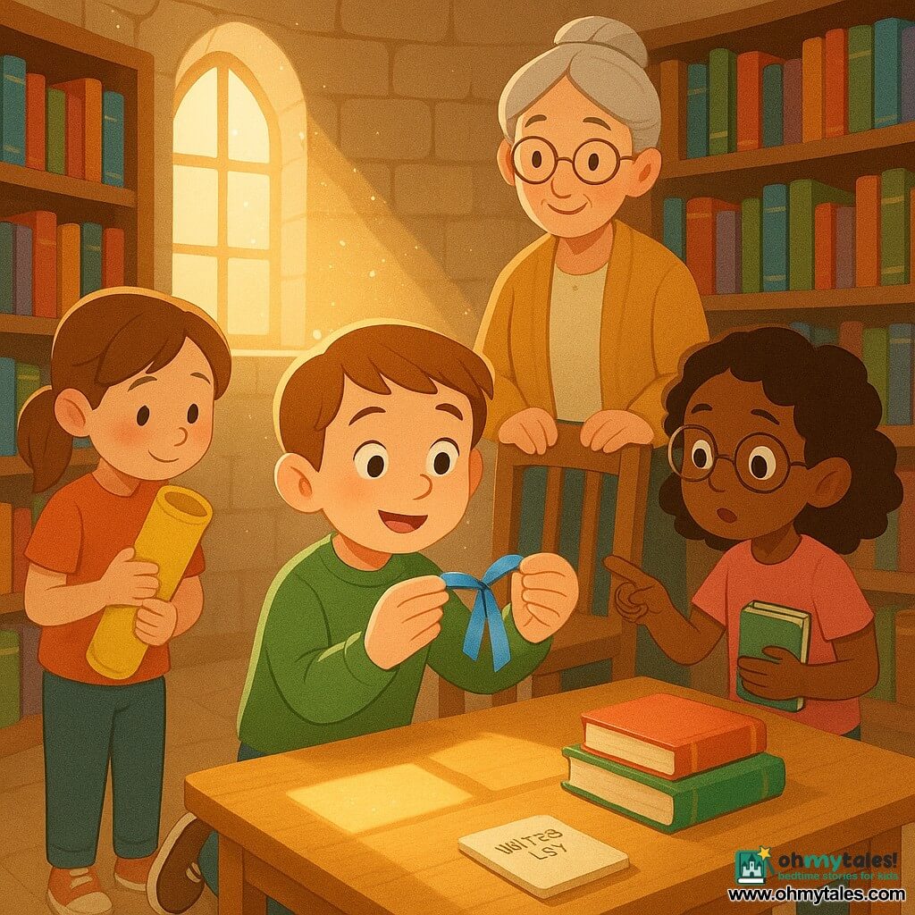 An 8-year-old boy with a round face and short brown hair, kneeling by a light wooden table, looks relieved and focused as he delicately holds a shiny blue ribbon between his fingers; his eyes are wide and mouth slightly open, wearing a green sweater and jeans. Beside him stands a shy but relieved 7-year-old girl (Mia) with brown hair in a ponytail holding a yellow poster tube, and another curious 8-year-old girl (Lina) with curly black hair and round glasses pointing at the ribbon while holding a small notebook. Behind the table stands Mrs. Bloom, a kindly 50-year-old librarian with gray hair in a bun and oval glasses, hands on the back of a chair. Setting: a small stone tower library with a spiral staircase, tall wooden shelves of colorful books, a square sunbeam and sparkling dust on the floor, a light wood table with some stacked books and a notebook labeled "HALL HELPERS LIST." Main scene: the warm, bright discovery of the class ribbon found under a notebook on the table, composition centered on the boy's hands and the others' gazes on the ribbon.