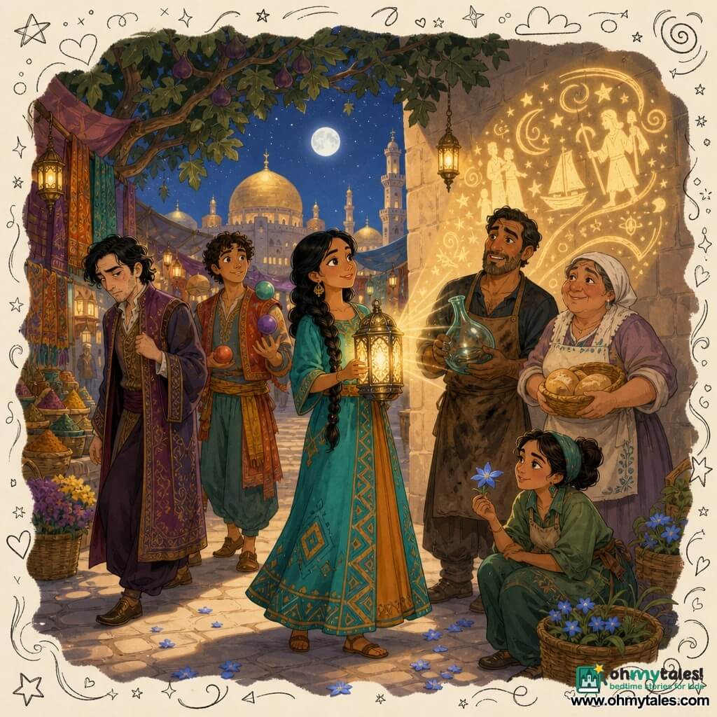 The protagonist is Yasmina, a young woman (~20) with amber eyes and braided black hair in a turquoise-and-ochre geometric dress, curious and determined, lighting a glowing lantern that casts golden moving images on a stone wall; to her right stands Samir, a ~40-year-old glassblower with tanned skin and smoke-darkened hands and apron, holding a blown glass vase and looking relieved; behind left is Malik, a ~30-year-old merchant with a pale face and rich but rumpled clothes, ashamed and withdrawn; beside Samir is Layla, a ~60-year-old baker, round and flour-dusted, smiling and holding a basket of bread; slightly behind Yasmina is Tariq, a ~20-year-old thin juggler in colorful clothes with juggling balls, watching intently; near the lantern crouches Hana, a ~30-year-old gardener with tied-back hair, gently holding a blue star-shaped flower; the setting is a nighttime souk alley with moonlit cobbles, multicolored hanging fabrics, spice and flower stalls, distant golden domes and a fig tree; Yasmina lights the lantern at the center, a radiant golden light projecting animated scenes and swirling symbols on the stone wall, blue petals scattered on the ground and the group gathered in expressions of revelation and relief.