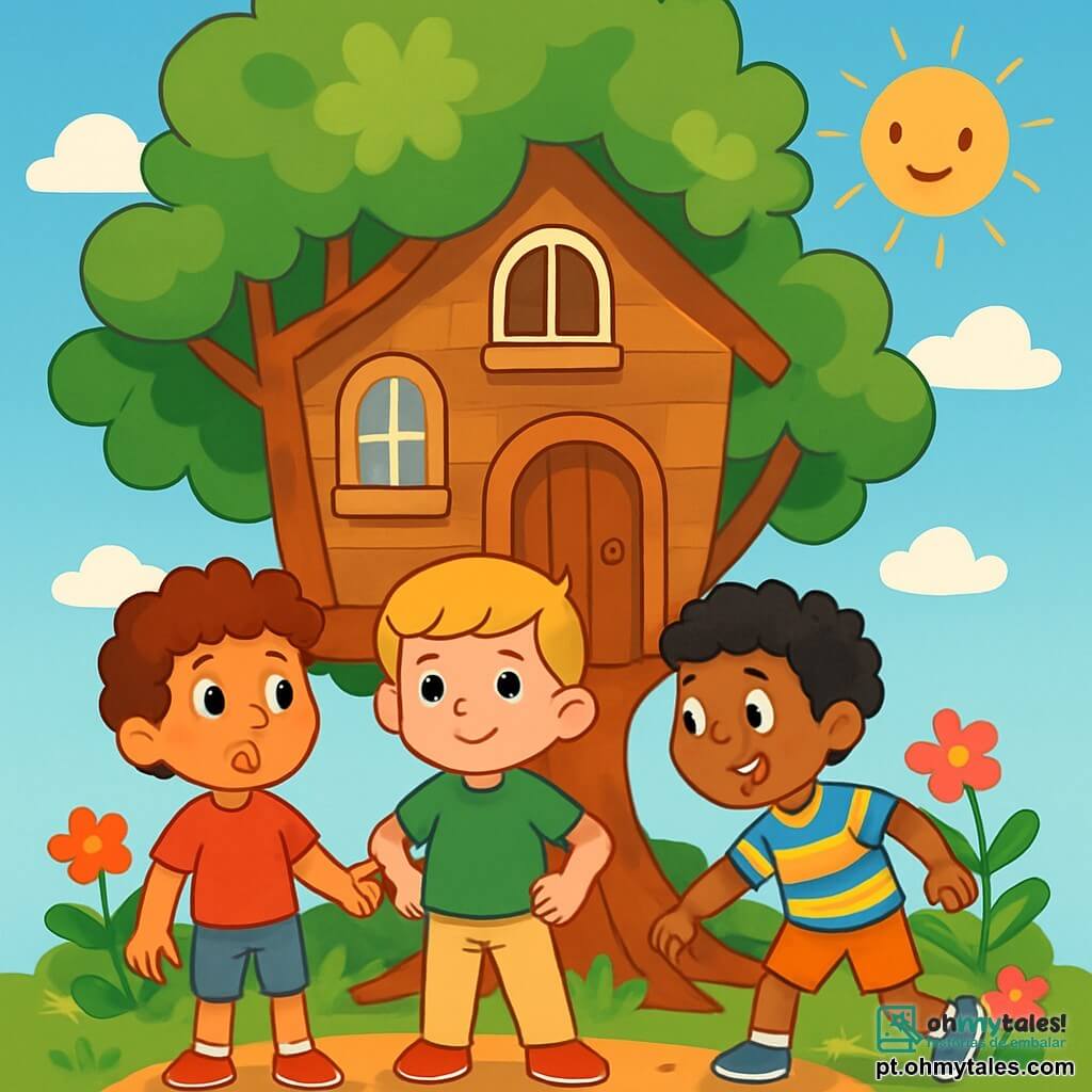 Há 3 personagens: - Pedro: um menino de 6 anos, com cabelo castanho e cacheado, vestindo uma camiseta vermelha e um short azul. Ele está de pé à esquerda, com os olhos arregalados de curiosidade. - Lucas: um menino de 6 anos, com cabelo loiro e liso, vestido com uma camiseta verde e uma calça bege. Ele está no centro, com as mãos na cintura, exibindo uma expressão de determinação. - João: um menino de 6 anos, com cabelo negro e crespo, vestindo uma camisa listrada colorida e um short laranja. Ele está à direita, inclinado para frente, pronto para entrar na casa da árvore, com um sorriso travesso. O cenário é uma casa de árvore de madeira, situada em um grande carvalho com folhas verdes brilhantes. A casa tem janelas arredondadas e uma porta de madeira, cercada por galhos e flores coloridas. O sol brilha, projetando sombras suaves no chão de terra batida. A cena principal mostra os três amigos, de mãos dadas, prestes a entrar na casa da árvore, com expressões de excitação e apreensão. Nuvens brancas flutuam no céu azul, enquanto uma leve brisa faz as folhas dançarem ao redor deles, criando uma atmosfera de aventura e mistério.