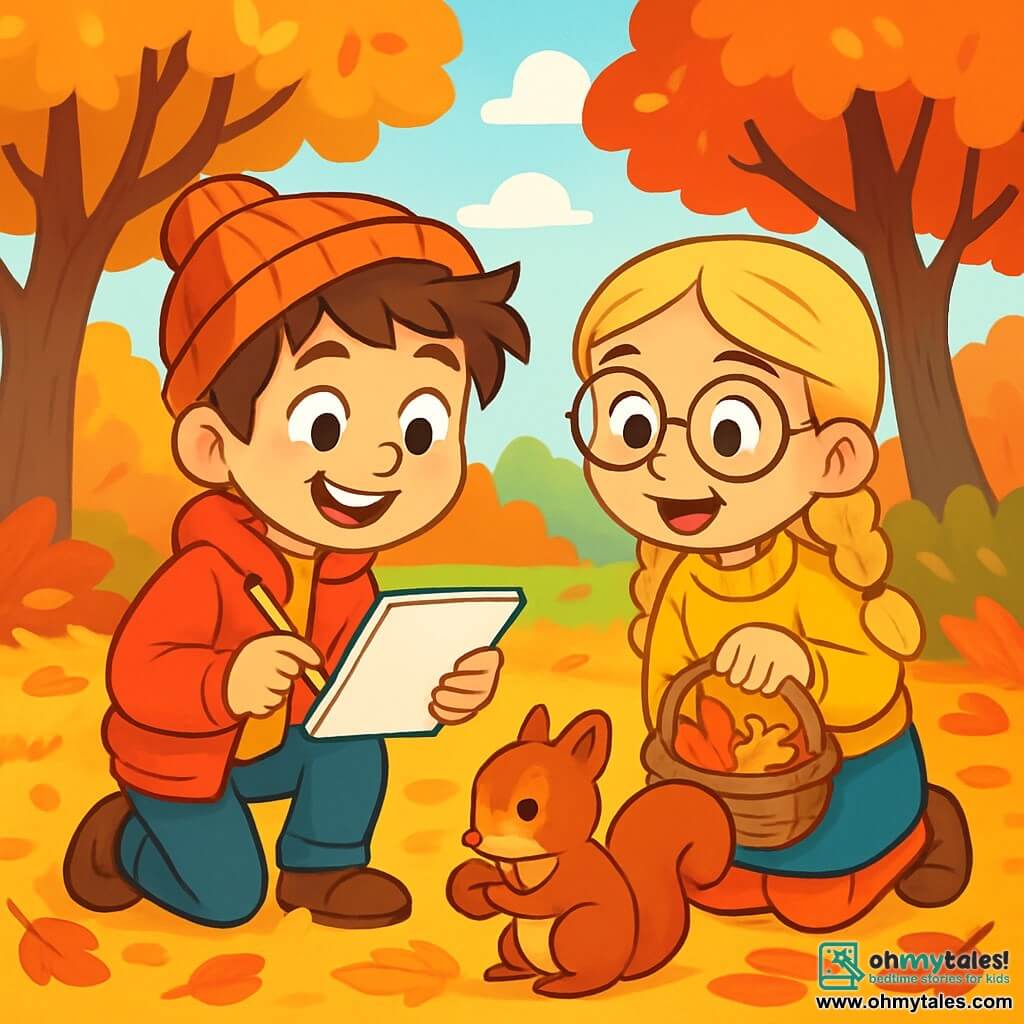 A 10-year-old boy with tousled brown hair and sparkling curious eyes crouches in an autumn garden, a big smile on his face. He wears a bright red jacket and a wool hat, holding an open notebook in one hand and a pencil in the other, carefully watching a small squirrel nibbling on a hazelnut at his feet. Next to him, a 9-year-old girl with braided blonde hair and round glasses gazes in wonder at the squirrel, holding a small basket filled with colorful leaves. The garden is covered in golden, red, and orange leaves, creating a vibrant carpet on the ground. Majestic trees with branches laden with autumn colors stand around them, while a clear blue sky allows a few fluffy clouds to pass by. The main scene shows the boy and girl exploring, captivated by the beauty of nature, writing and drawing in their notebooks, surrounded by the joyful energy of autumn.