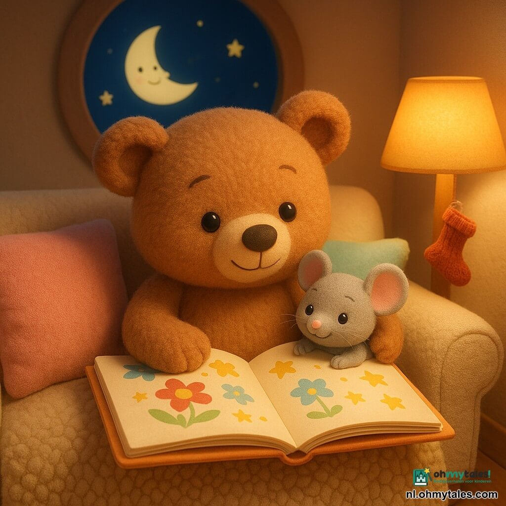 Lichtbruin teddybeertje met rond gezicht en zachte ogen, blij en rustig, houdt het kleine grijze muisje vast en kijkt naar het boek; het muisje met ronde oren en timide glimlach knuffelt het beertje en houdt een paginahoek vast; groot geïllustreerd boek op hun schoot met kleurrijke pagina’s en eenvoudige bloemen- en sterrenbeelden; crèmekleurige zachte bank met pastel kussens (roze, blauw, geel) en een gebreid deken over hun benen; warme gele nachtlamp verlicht de scène, met een sokje op de lampvoet als grappig detail; rond raam toont een rustige nacht met een glimlachende maan en fonkelende sterren; sfeer knus en teder met zachte kleuren, pluizige texturen en een intieme, centraal geplaatste compositie vanuit laag kinderlijk perspectief.