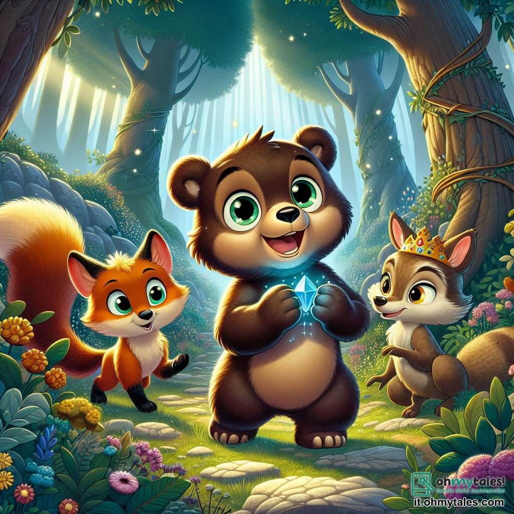 Un piccolo orso di nome Bruno, con un pelliccia marrone morbida come il cioccolato, si trova al centro dell'immagine, con gli occhi brillanti di eccitazione e un ampio sorriso sul volto. Tiene una bella pietra blu scintillante tra le zampe anteriori, guardando intorno a sé con curiosità. Alla sua destra, una saggia zibellina con piume dorate e grandi occhi rotondi lo osserva con benevolenza, posata su un ramo, come se gli desse consigli. A sinistra, una volpe astuta, con pelliccia arancione vivace e una coda folta, si avvicina a lui, con un'aria maliziosa, pronta a accompagnarlo nella sua avventura. La scena si svolge in una foresta incantata, con grandi alberi dai tronchi spessi che si ergono verso il cielo, le loro foglie verdi che danzano al vento. Bruno, il piccolo orso, scopre la pietra preziosa trovata e si prepara a partire in cerca di restituirla alla regina della foresta, circondato dai suoi amici animali, in un'atmosfera di avventura e amicizia.