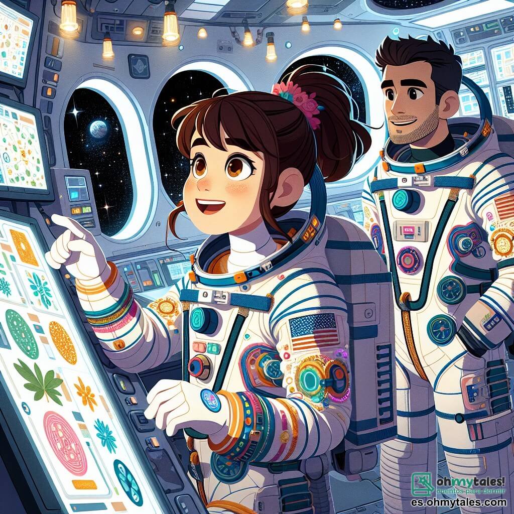 Clara, una astronauta de cabello castaño recogido en una cola de caballo, lleva un elegante y colorido traje espacial. Su rostro irradia emoción y curiosidad mientras flota en la estación espacial, rodeada de paneles de control luminosos y pantallas que muestran datos científicos. A su lado, el Capitán Javier, un hombre de unos 40 años con barba bien cuidada y gafas, observa los experimentos con una sonrisa alentadora. Lleva un uniforme de astronauta similar al de Clara y se encuentra cerca de una ventana, admirando la vista de la Tierra abajo. La estación espacial, un entorno futurista, está llena de luces brillantes y gadgets flotantes. Las paredes son blancas y redondeadas, con ventanillas que ofrecen una vista espectacular del espacio negro salpicado de estrellas brillantes. En esta escena, Clara y Javier trabajan juntos en un fascinante experimento científico, observando cómo crecen las plantas en microgravedad. Clara sostiene una pequeña maceta flotante, mientras Javier toma notas en una tableta, ambos cautivados por los resultados de su investigación.