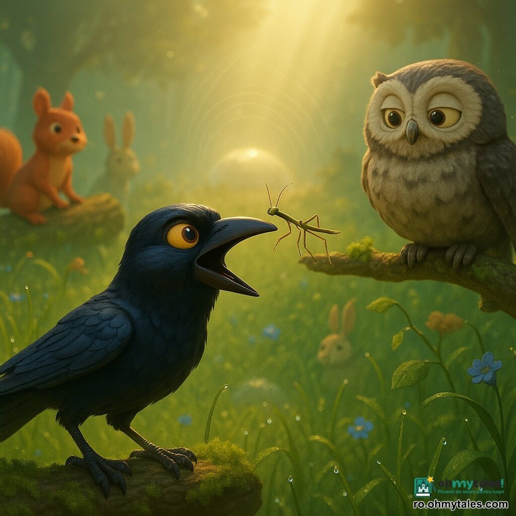 Un corb negru cu pene lucioase și ochi chihlimbar strălucitori, ciocul larg deschis în croncănit, pe a căruia vârf stă un phasmid subțire verde-maron, un bufniț vârstnic cu pene cenușii pe o creangă la dreapta, iar în fundal o veveriță roșcată pe un trunchi și un iepure pal ascuns în iarbă; scena are loc în Poiana Strălucirilor, pajiște cu iarbă înaltă acoperită de rouă, flori albastre mici și mușchi verde, o cupolă de ceață translucidă plutind deasupra unei pietre ușor strălucitoare, lumină difuză cu raze aurii care taie ceața și picături sclipitoare, culori calde contrastând cu negrul corbului, atmosferă de tensiune pozitivă și forță colectivă, ceața se ridică ușor și vibrațiile sonore se văd ca unde subtile în aer.