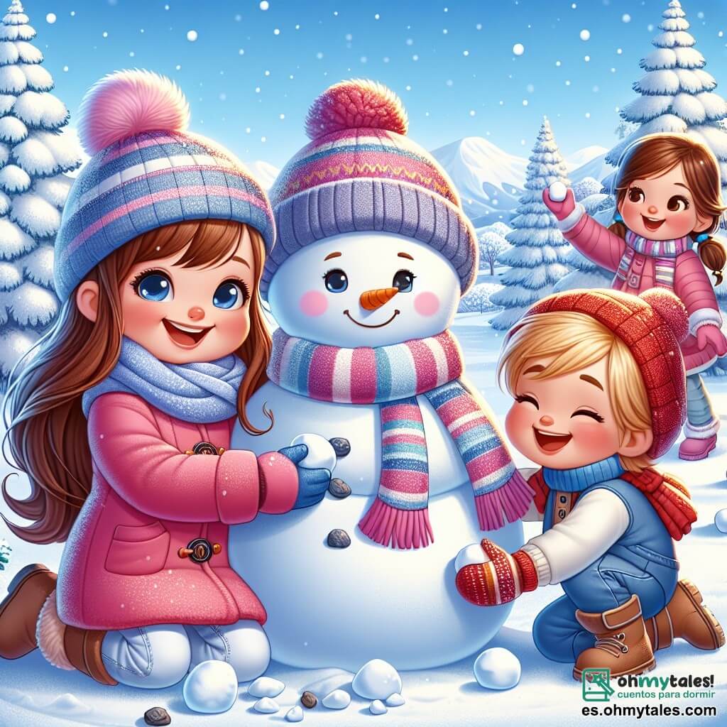 Una niña de 5 años, llamada Sofía, con largos cabellos castaños y mejillas sonrosadas, sonríe alegremente mientras construye un gran muñeco de nieve. Lleva un abrigo rosa brillante, guantes azules y una bufanda a rayas coloridas. A su lado, su amigo Pedro, un niño de 6 años con cabello rubio y ojos brillantes, sostiene una bola de nieve lista para lanzar, riendo con entusiasmo. Un poco más lejos, Ana, una niña de 5 años con dos coletas y un gorro rojo, añade piedras para hacer los ojos del muñeco de nieve, concentrada y sonriente. El lugar es un parque invernal, con maj árboles cubiertos de nieve brillante, un cielo azul claro y copos de nieve cayendo suavemente. La escena irradia una atmósfera de alegría y camaradería, donde los niños se divierten juntos creando un muñeco de nieve, rodeados de un paisaje invernal de ensueño.