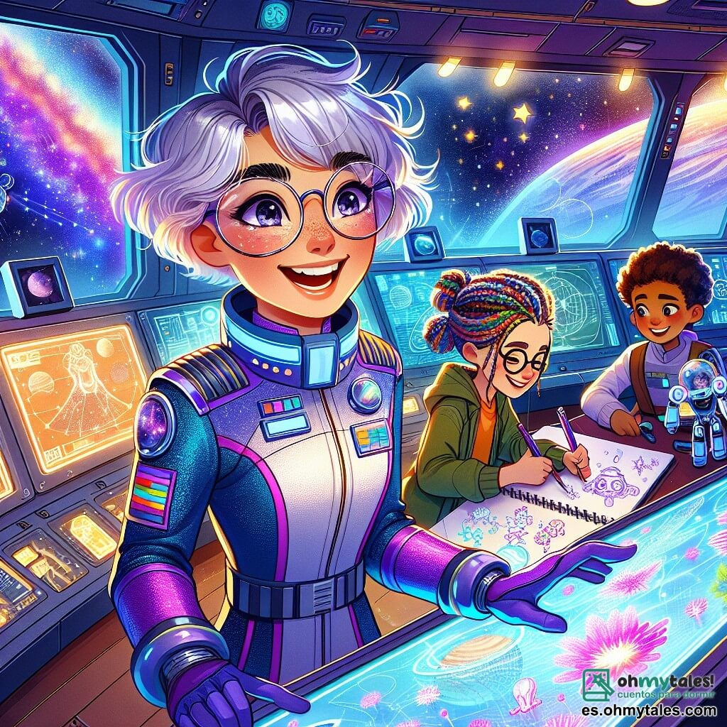 La Capitán Vega, una mujer de cabello corto y plateado, lleva un traje espacial brillante y futurista con acentos morados. Sonriente y llena de entusiasmo, se encuentra frente al panel de control de su nave, el 'Cometa Radiante'. A su lado, un niño de 12 años con gafas redondas y cabello rizado observa fascinado las pantallas que muestran imágenes de planetas lejanos, sosteniendo un pequeño robot para experimentos. Más lejos, una niña de 10 años con trenzas de colores dibuja plantas flotantes que ha imaginado para el espacio, con los ojos brillantes de inspiración. El lugar es la sala de control del 'Cometa Radiante', donde grandes ventanales muestran auroras coloridas de Júpiter y estrellas brillantes. La Capitán Vega explica a los niños cómo funciona la nave mientras se preparan para despegar en su primera aventura espacial, llenos de emoción y curiosidad.