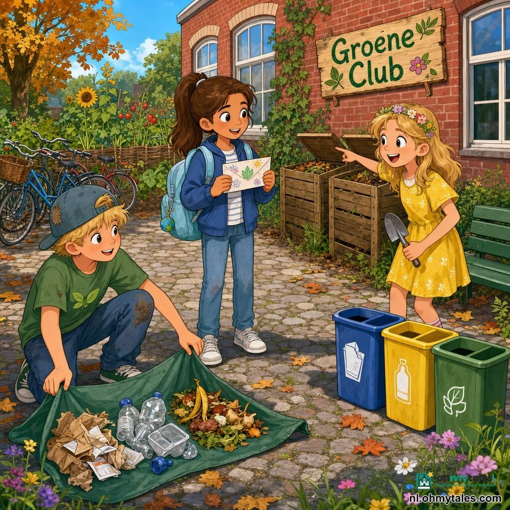 Drie kinderen, ca. 10 jaar: Noor (bruin haar in paardenstaart, blauwe jas, lichtblauwe rugzak) staat vooraan en hangt een getekende enveloppe aan een bord; Jens (blond, pet, groen T‑shirt, knieën licht vuil) knielt links en houdt een zeil met gesorteerd afval (papier, plastic, compost); Lotte (blond met bloemenspeld, gele jurk) staat rechts, wijst enthousiast op een kleine houten compostbak en houdt een tuinschepje. Zonnige schoolkoer met kasseien, een moestuinbak achter fietsen, twee houten composters naast elkaar, drie kleurige afvalbakken (blauw, geel, groen) bij een bank, herfstbladeren en wilde bloemen op de grond; op de achtergrond een roodstenen schoolgebouw met ramen en een handgeschilderd bord "Groene Club". Scène helder, kleurig en dynamisch — kinderen organiseren afvalscheiding en compostering, ideale compositie voor een actieposter.