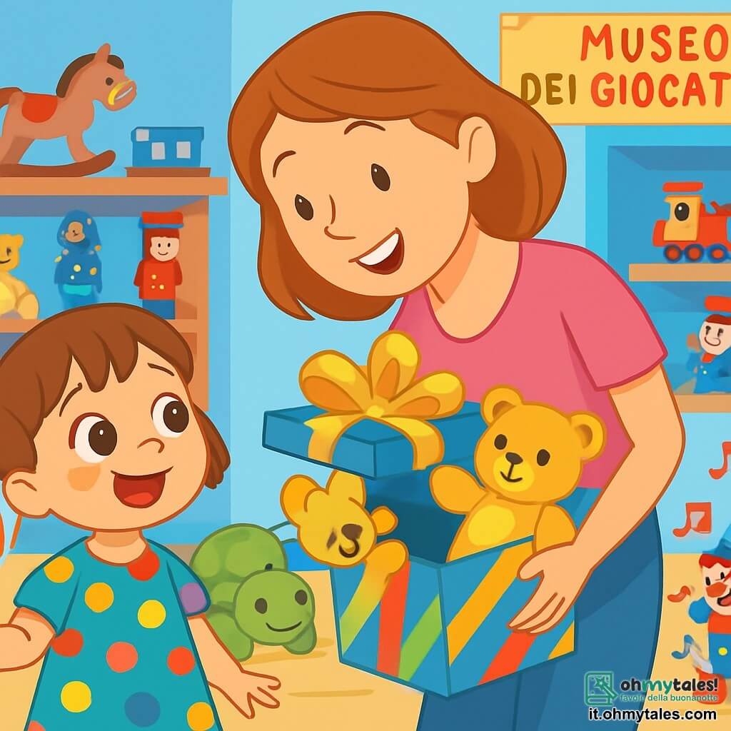 Una bambina di 4 anni, Sofia, con grandi occhi brillanti e un sorriso radioso, indossa un vestito colorato a pois e tiene un palloncino rosso a forma di cuore. È piena di eccitazione e guarda intorno a sé con meraviglia. Accanto a lei, sua madre, una donna sorridente di circa 30 anni, indossa una bella blusa rosa e tiene una grande scatola regalo decorata con nastri colorati. Si china verso Sofia, mostrandole un giocattolo all'interno della scatola. Il luogo è un museo dei giocattoli, con muri dipinti di azzurro, scaffali pieni di giocattoli antichi e una grande tartaruga di peluche al centro della stanza. Sofia scopre con gioia un angolo del museo dove i giocattoli danzano e cantano, creando un'atmosfera festosa e magica per il suo compleanno.